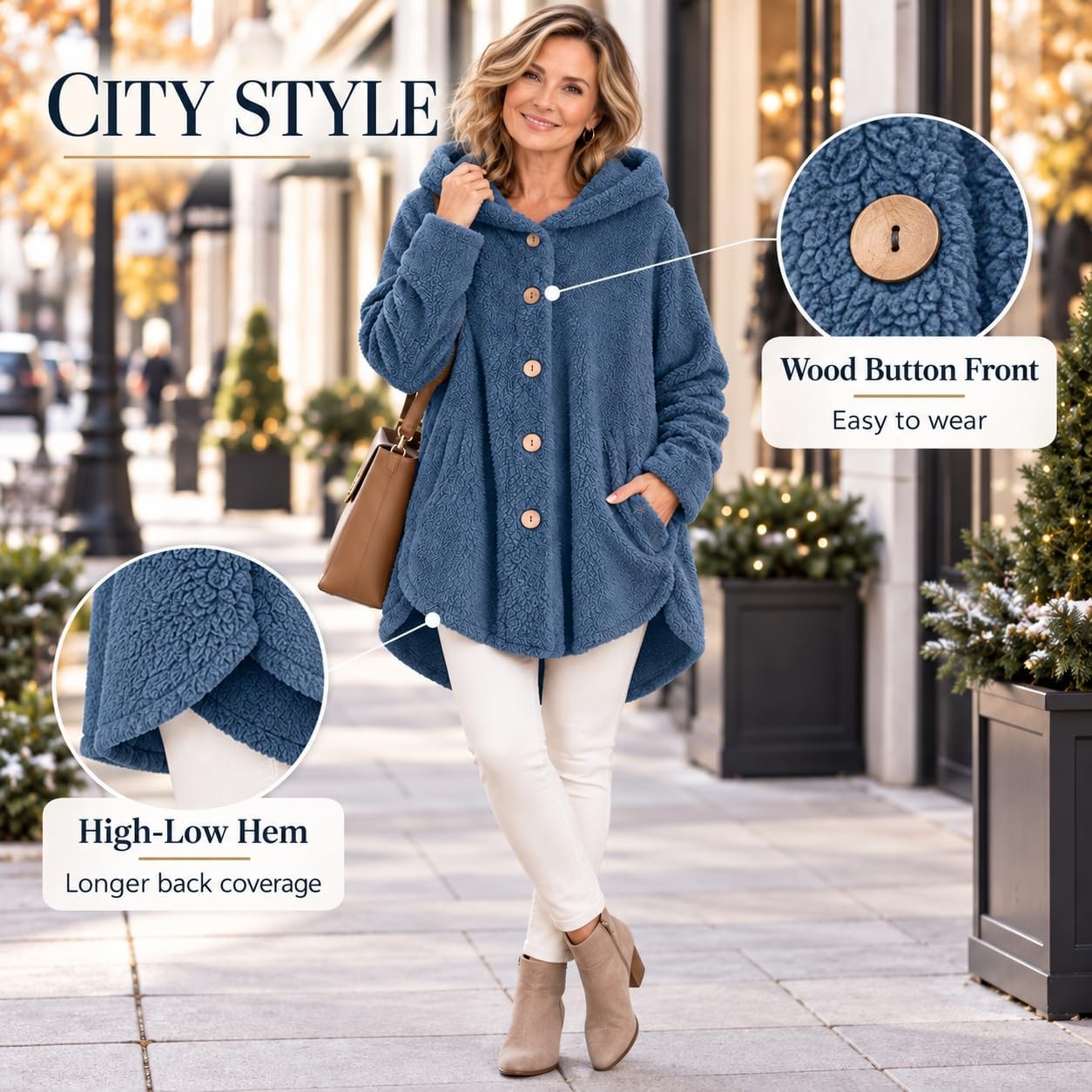 image:imageBeessbest Women Fleece Jacket Button Down Sherpa Hooded CoatBlue