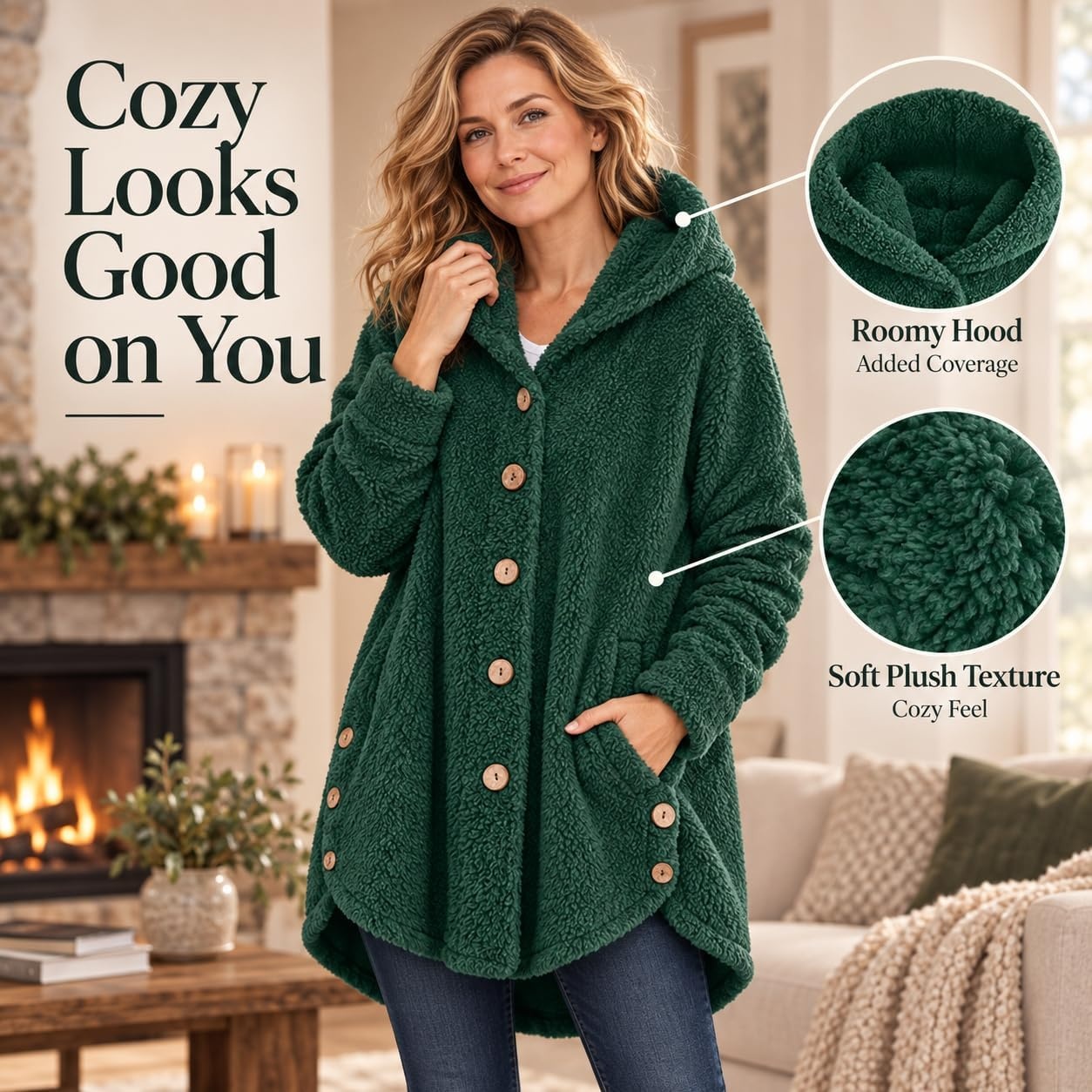 image:imageBeessbest Women Fleece Jacket Button Down Sherpa Hooded CoatGreen