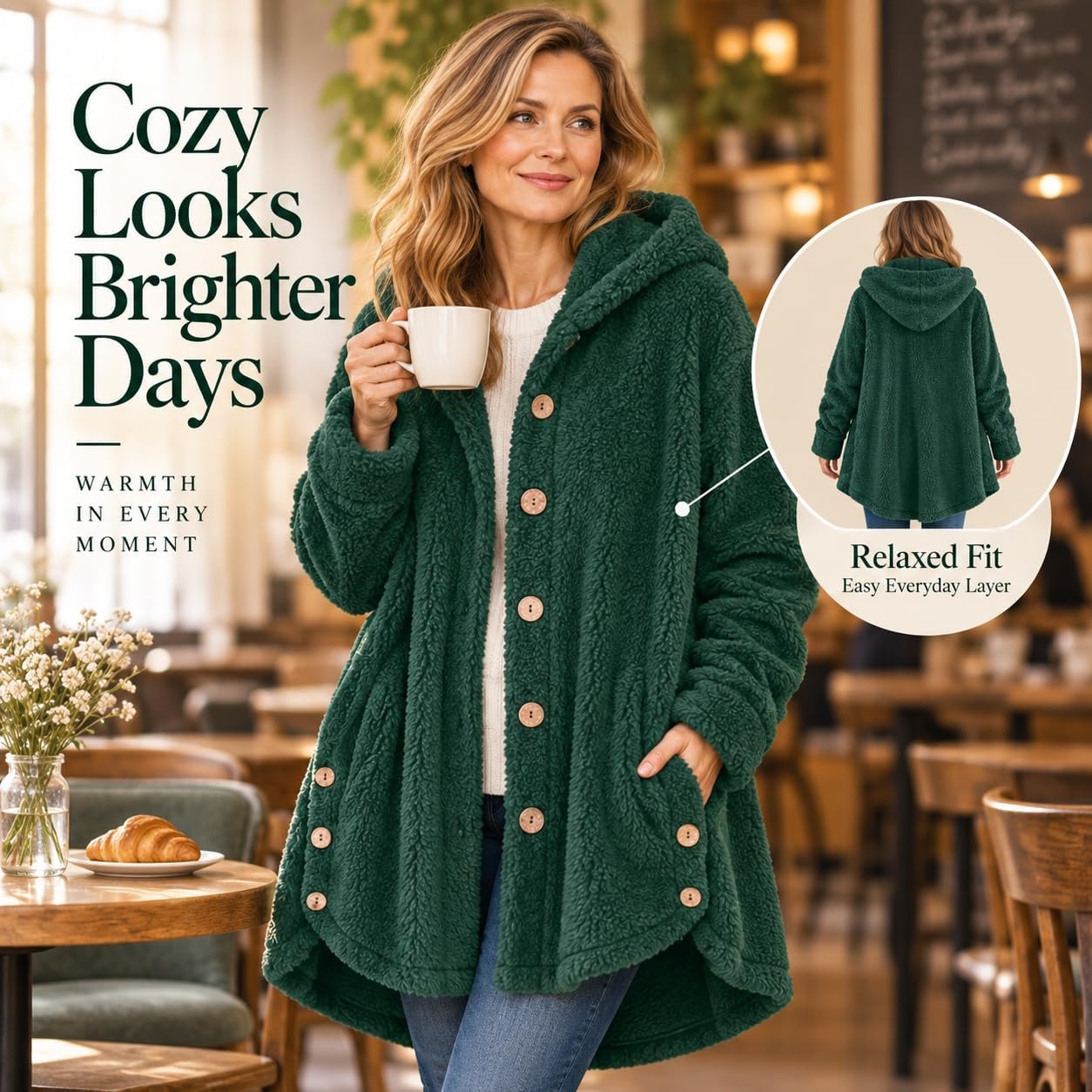 image:imageBeessbest Women Fleece Jacket Button Down Sherpa Hooded CoatGreen
