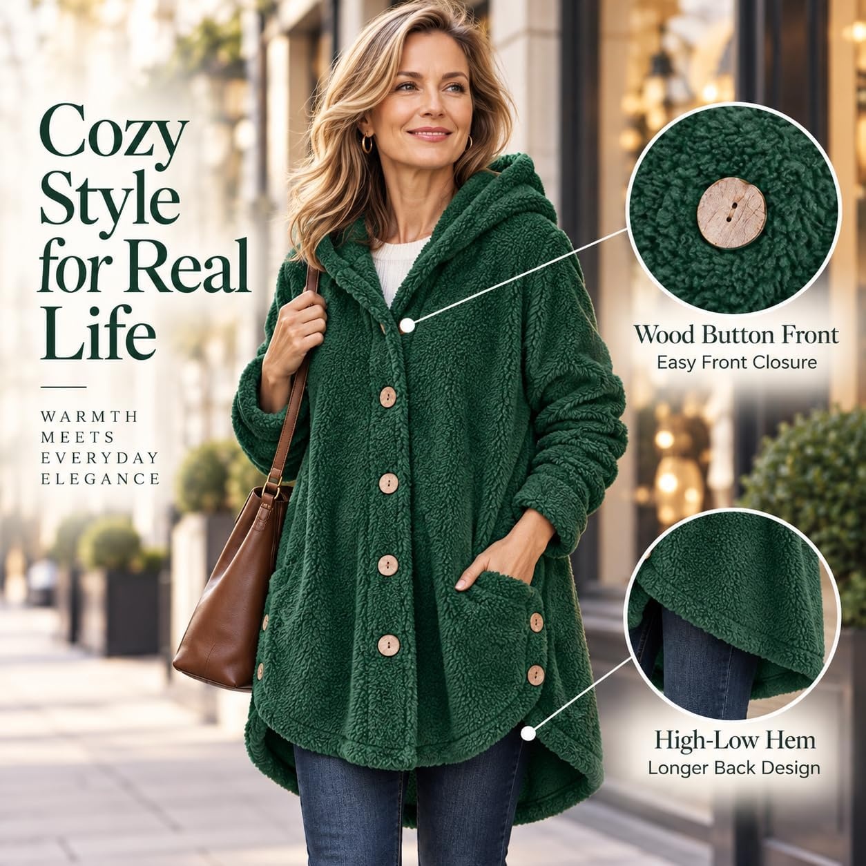image:imageBeessbest Women Fleece Jacket Button Down Sherpa Hooded CoatGreen