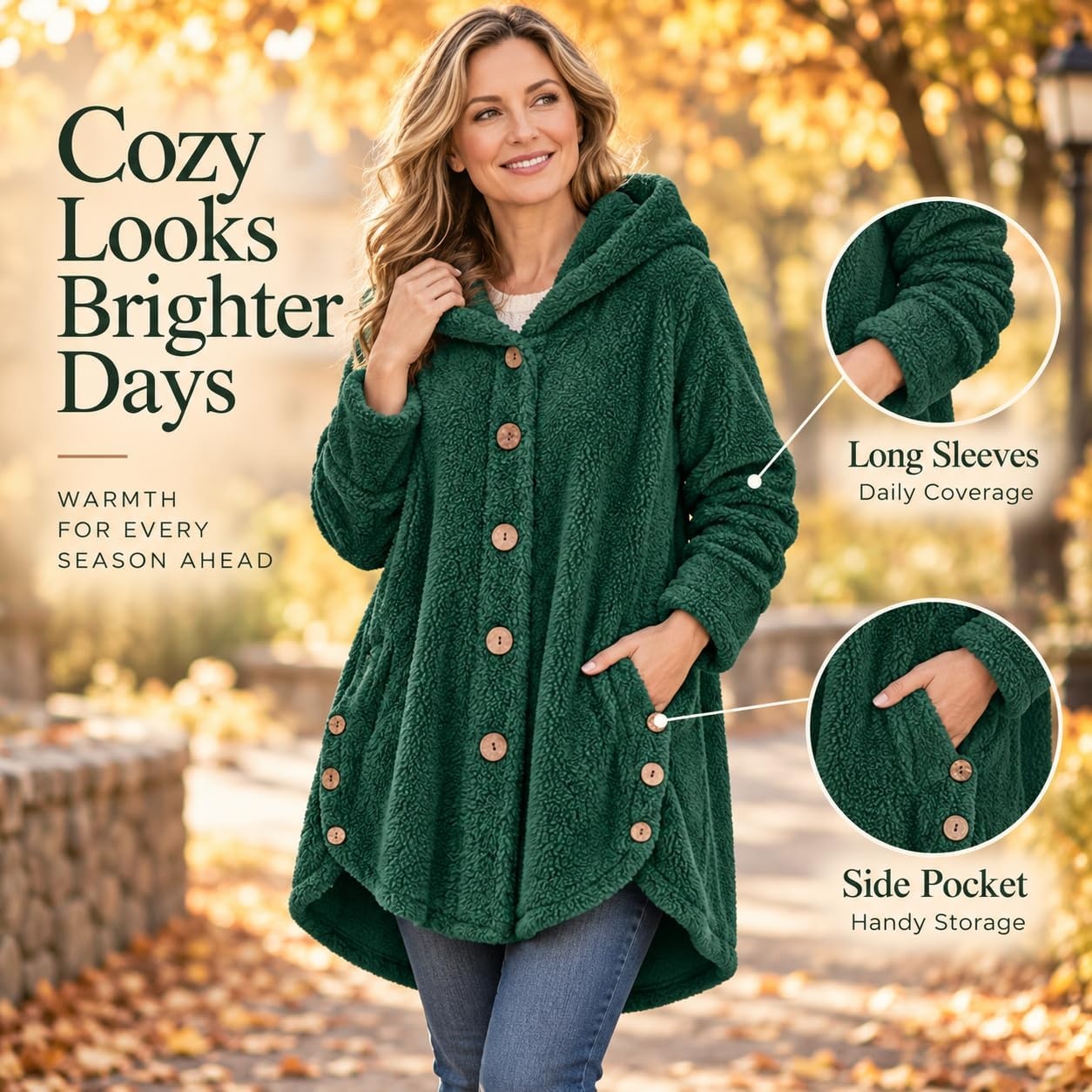 image:imageBeessbest Women Fleece Jacket Button Down Sherpa Hooded CoatGreen