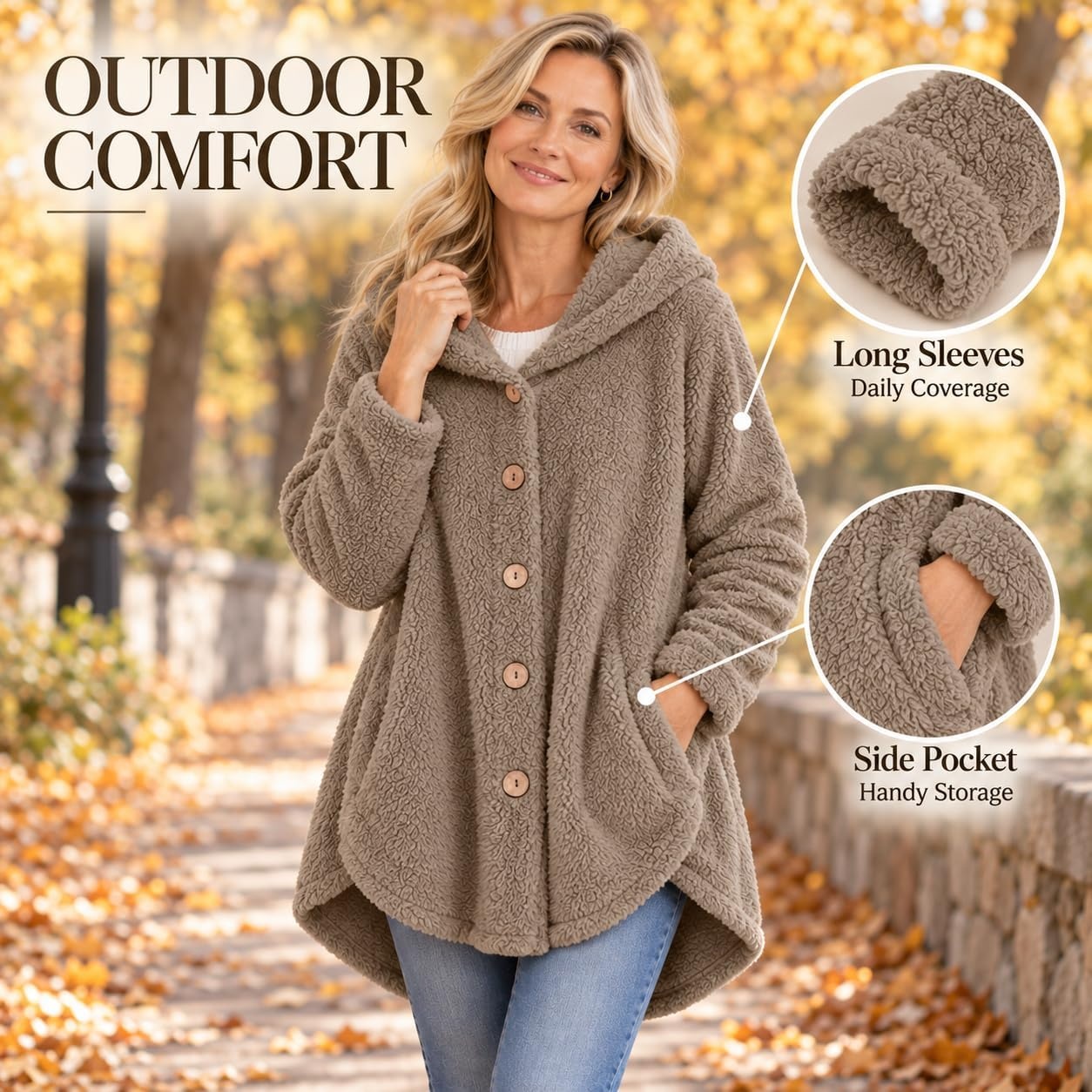 image:imageBeessbest Women Fleece Jacket Button Down Sherpa Hooded CoatKhaki