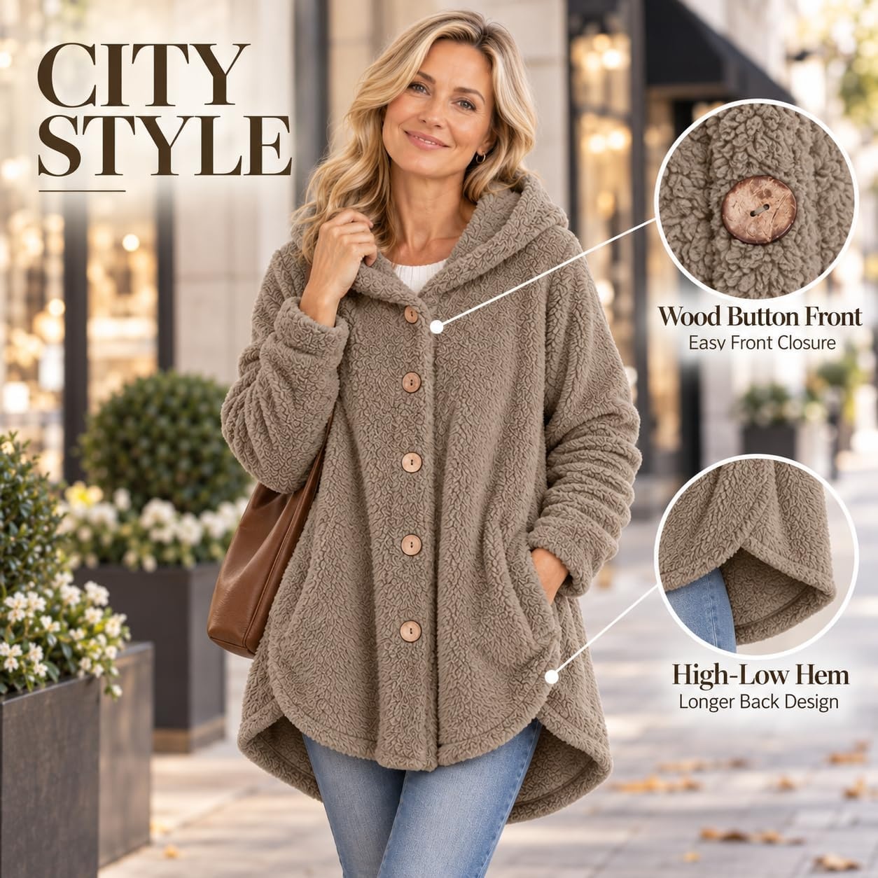 image:imageBeessbest Women Fleece Jacket Button Down Sherpa Hooded CoatKhaki