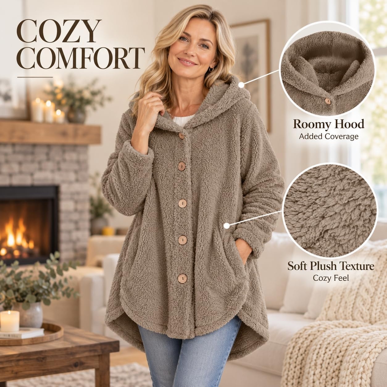 image:imageBeessbest Women Fleece Jacket Button Down Sherpa Hooded CoatKhaki