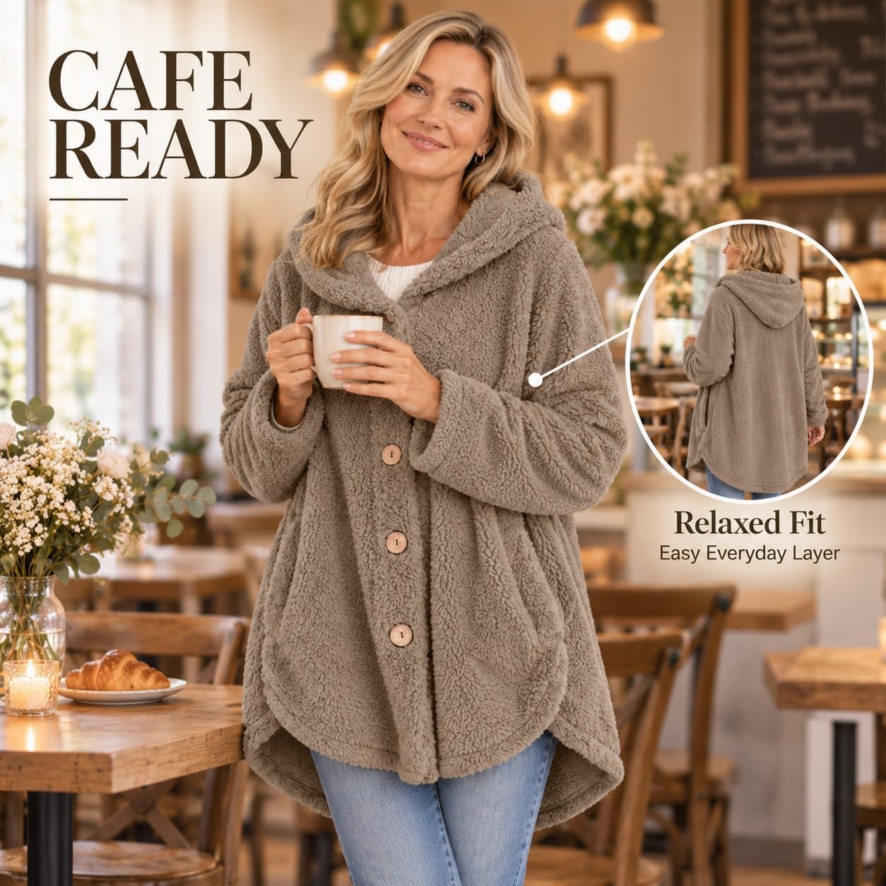 image:imageBeessbest Women Fleece Jacket Button Down Sherpa Hooded CoatKhaki