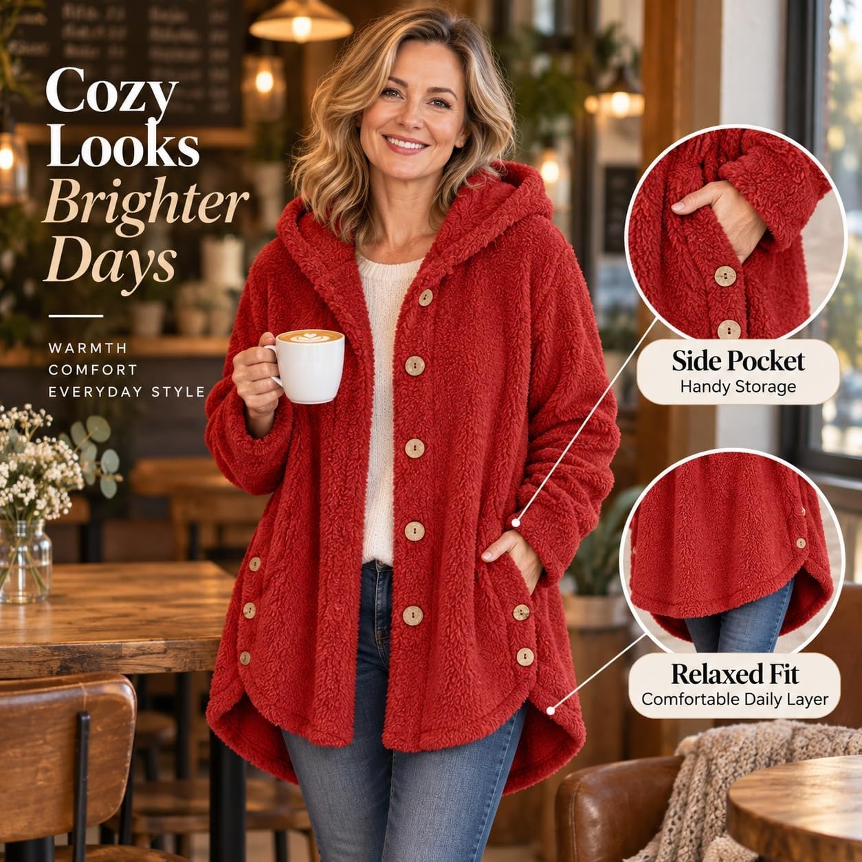 image:imageBeessbest Women Fleece Jacket Button Down Sherpa Hooded CoatRed