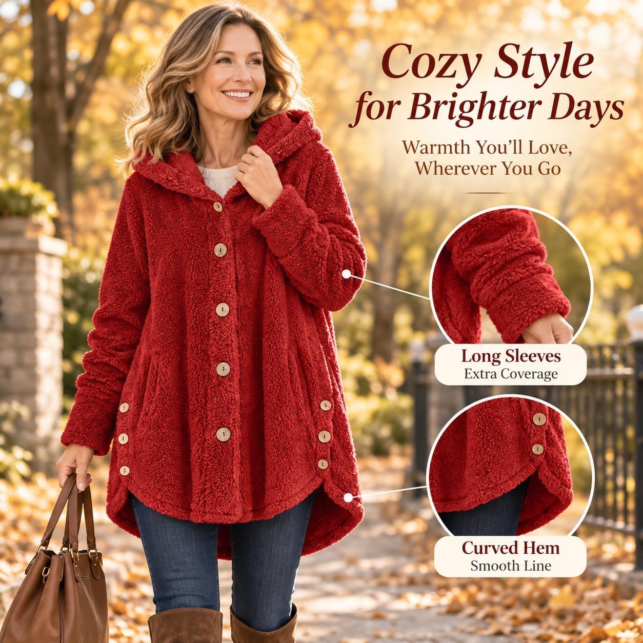 image:imageBeessbest Women Fleece Jacket Button Down Sherpa Hooded CoatRed