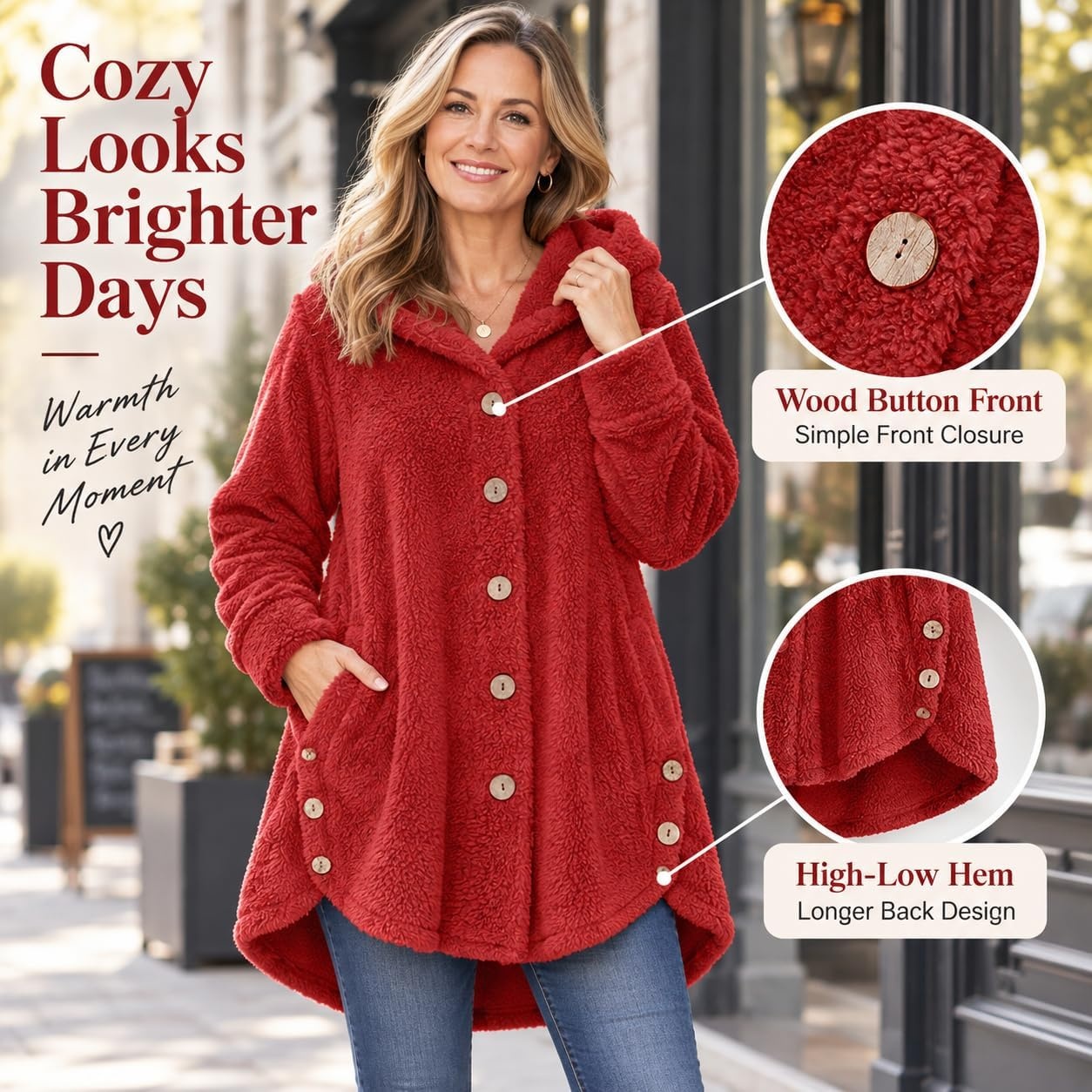 image:imageBeessbest Women Fleece Jacket Button Down Sherpa Hooded CoatRed