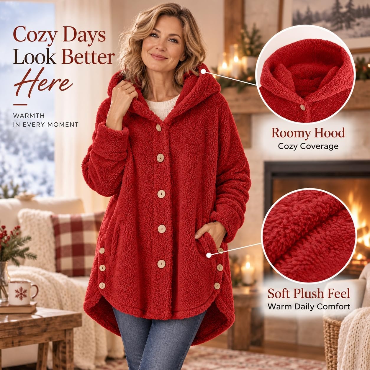 image:imageBeessbest Women Fleece Jacket Button Down Sherpa Hooded CoatRed