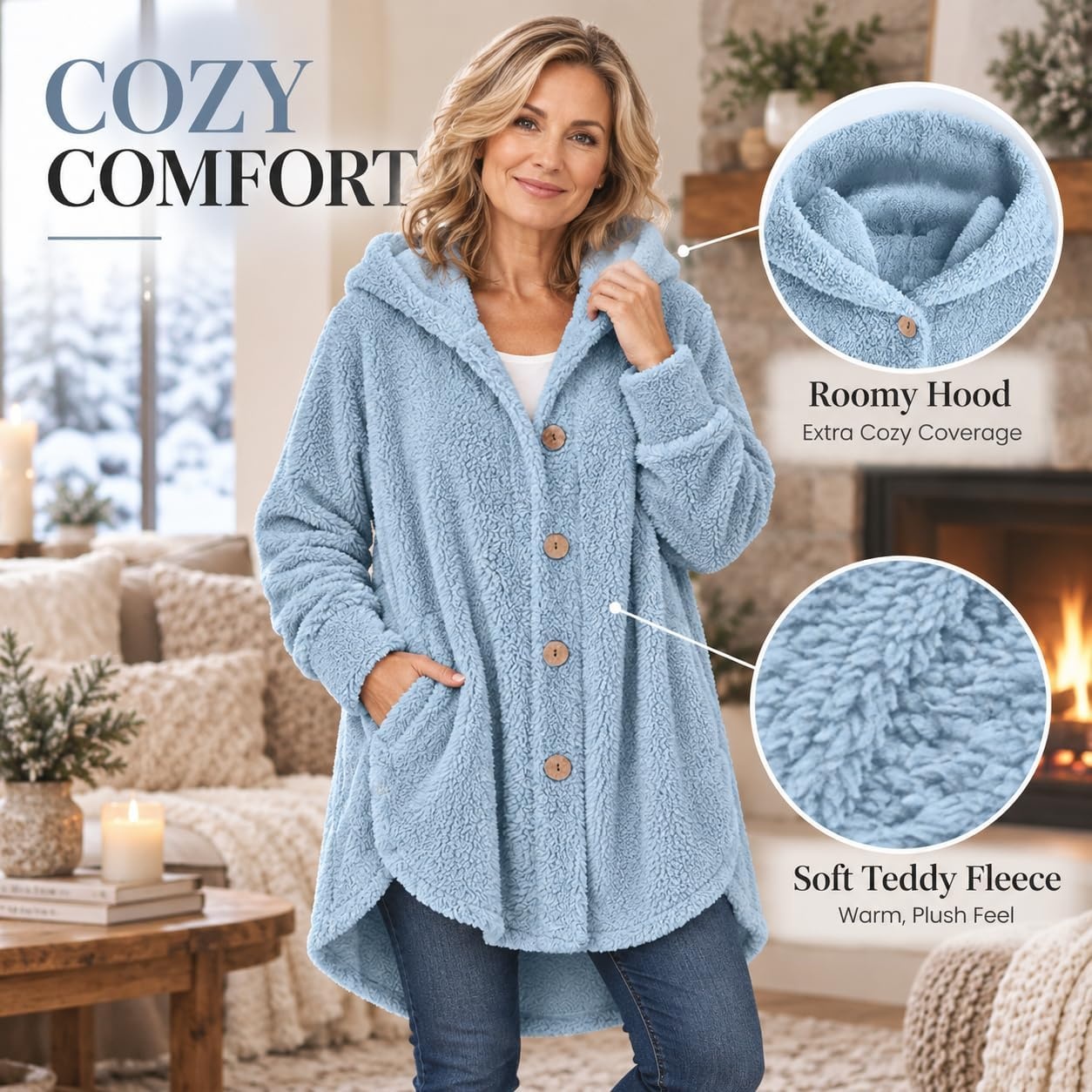 image:imageBeessbest Women Fleece Jacket Button Down Sherpa Hooded CoatSky Blue