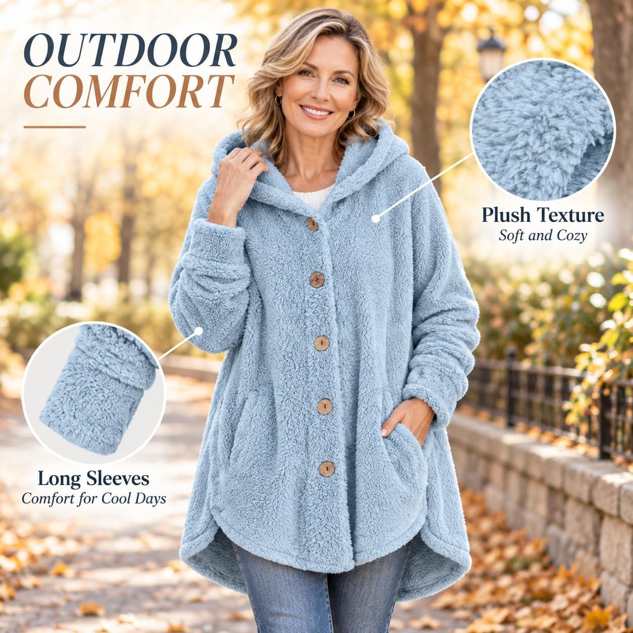 image:imageBeessbest Women Fleece Jacket Button Down Sherpa Hooded CoatSky Blue
