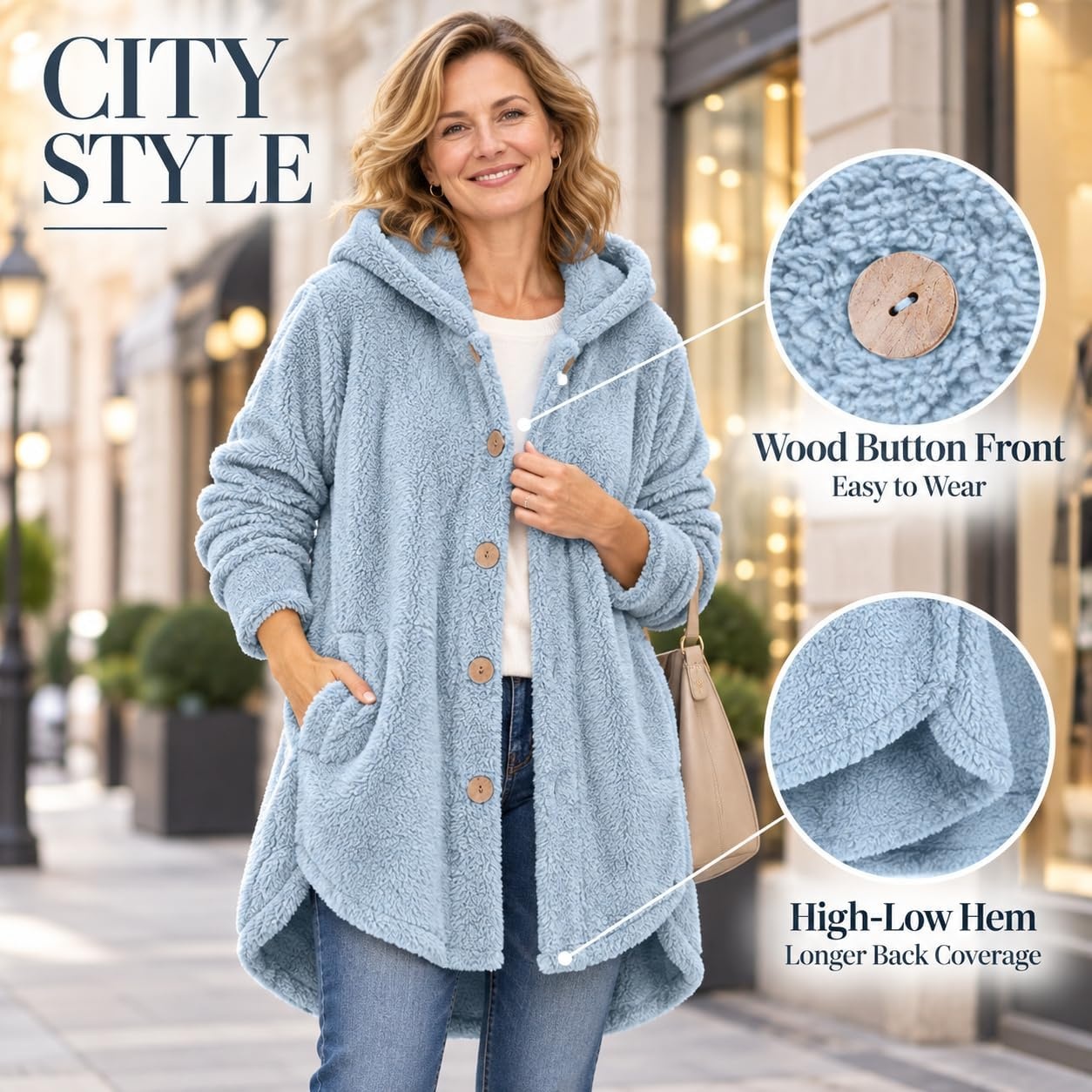 image:imageBeessbest Women Fleece Jacket Button Down Sherpa Hooded CoatSky Blue