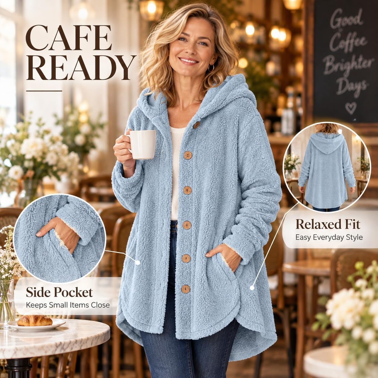image:imageBeessbest Women Fleece Jacket Button Down Sherpa Hooded CoatSky Blue