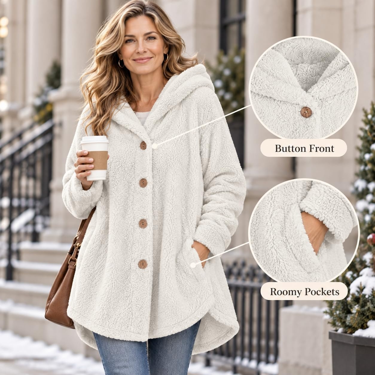 image:imageBeessbest Women Fleece Jacket Button Down Sherpa Hooded CoatWhite
