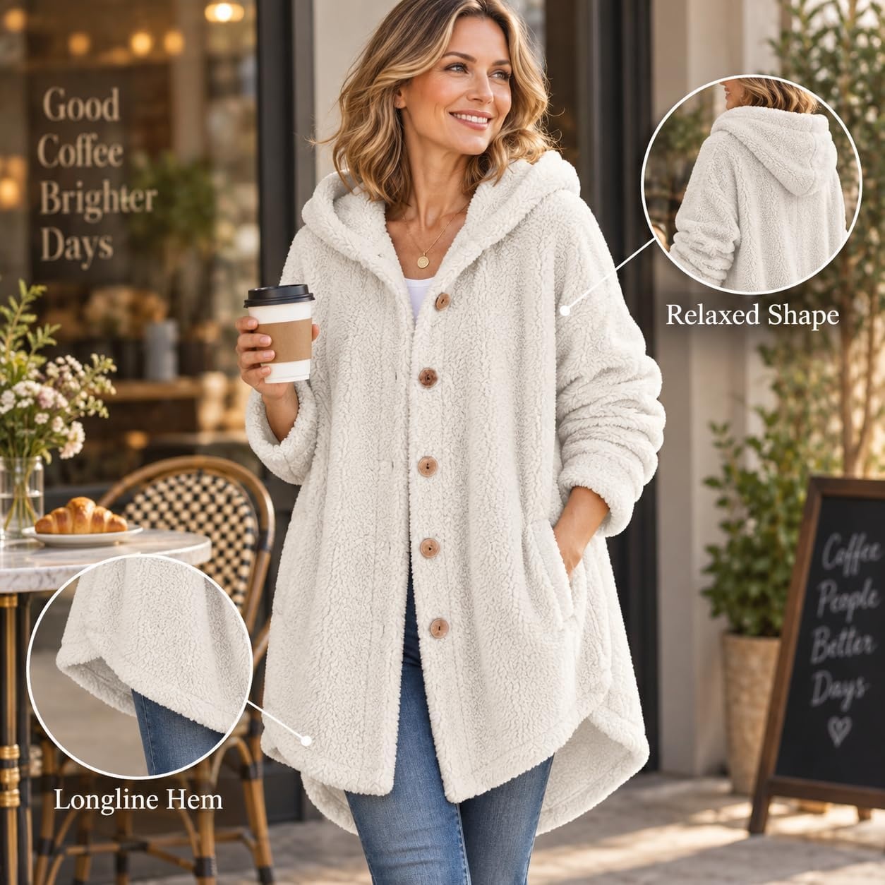 image:imageBeessbest Women Fleece Jacket Button Down Sherpa Hooded CoatWhite