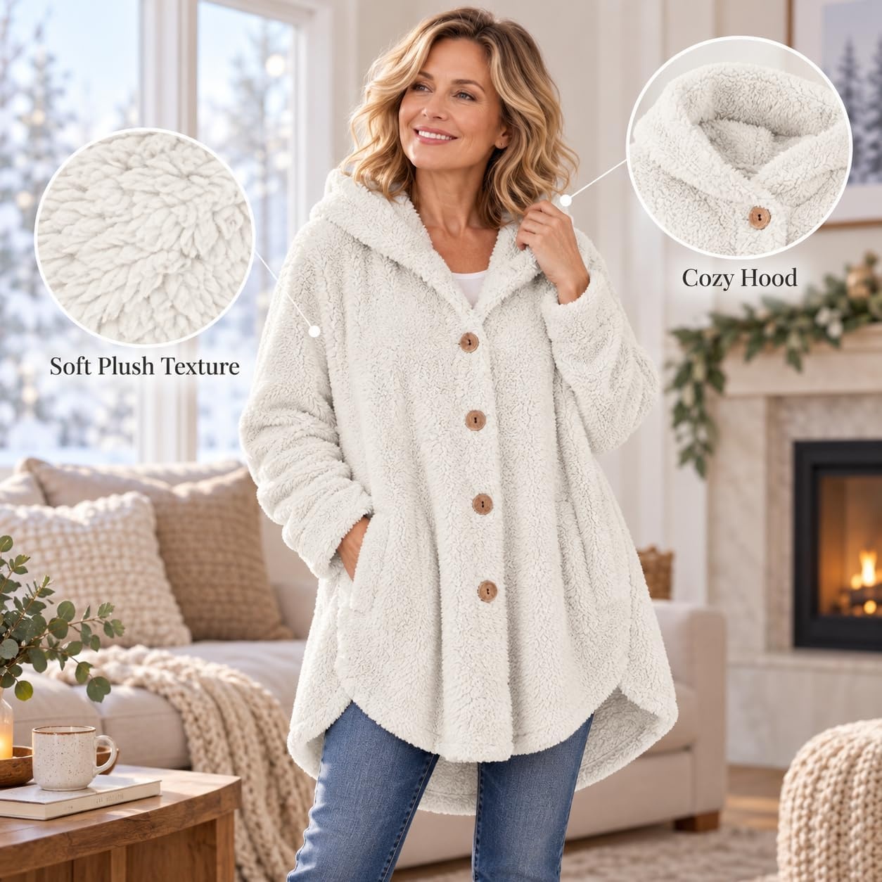 image:imageBeessbest Women Fleece Jacket Button Down Sherpa Hooded CoatWhite