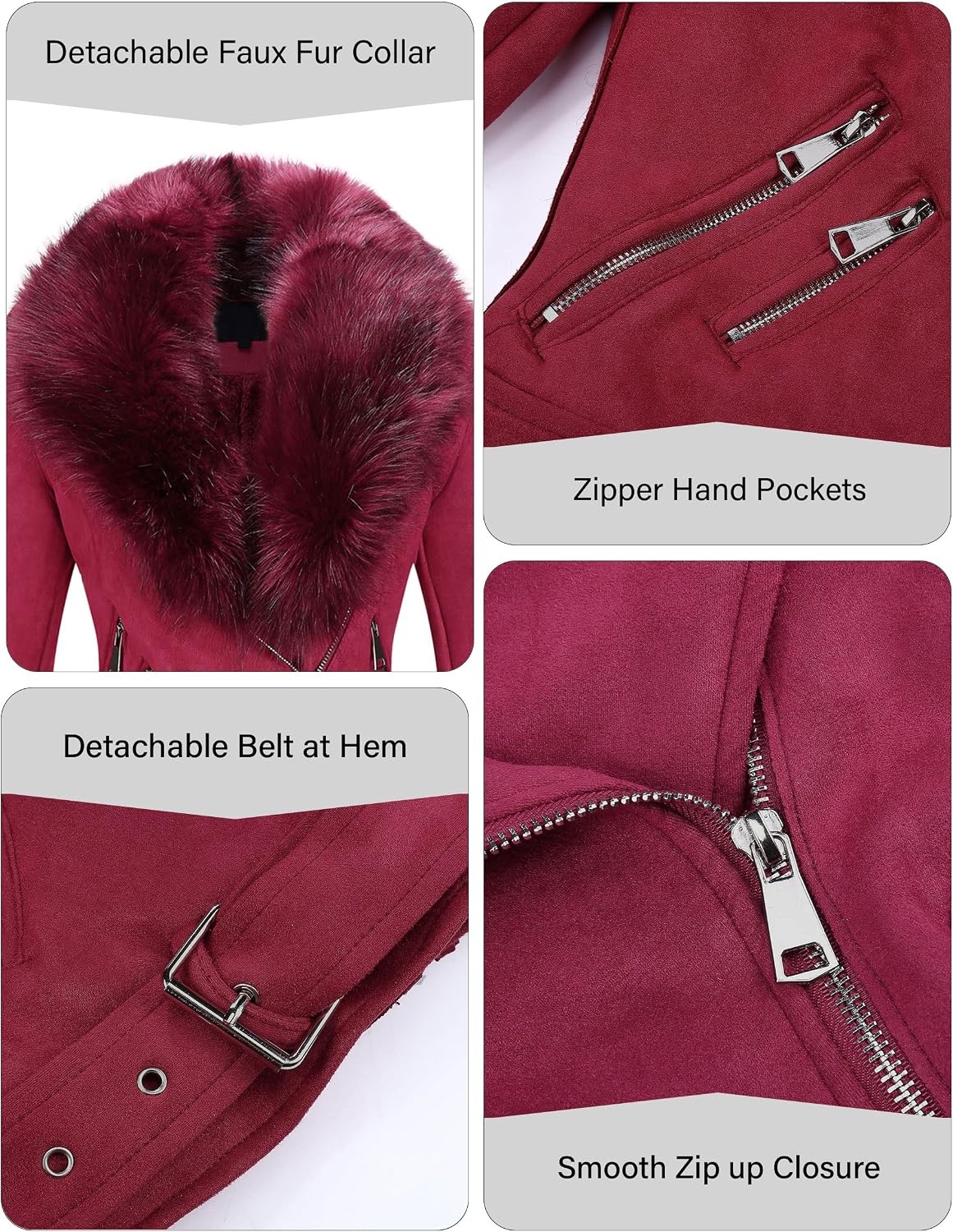 image:imageBellivera Women Faux Suede Jacket Moto Biker SherpaLined CoatRed
