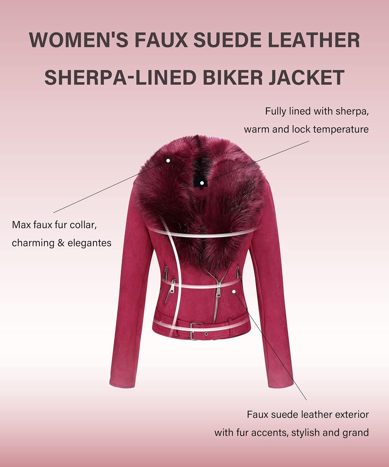 image:imageBellivera Women Faux Suede Jacket Moto Biker SherpaLined CoatRed