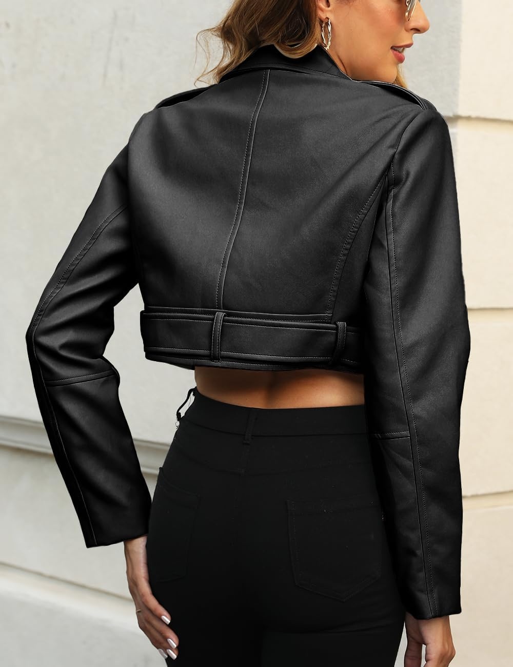 image:imageBellivera Womens Cropped Faux Leather Jacket Bomber PU Moto CoatBlack Crop