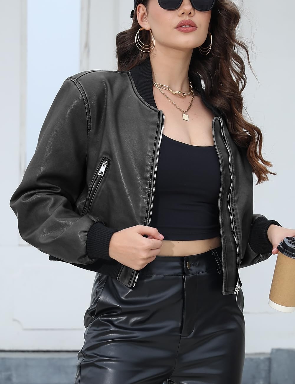 image:imageBellivera Womens Cropped Faux Leather Jacket Bomber PU Moto CoatCharcoal Gray