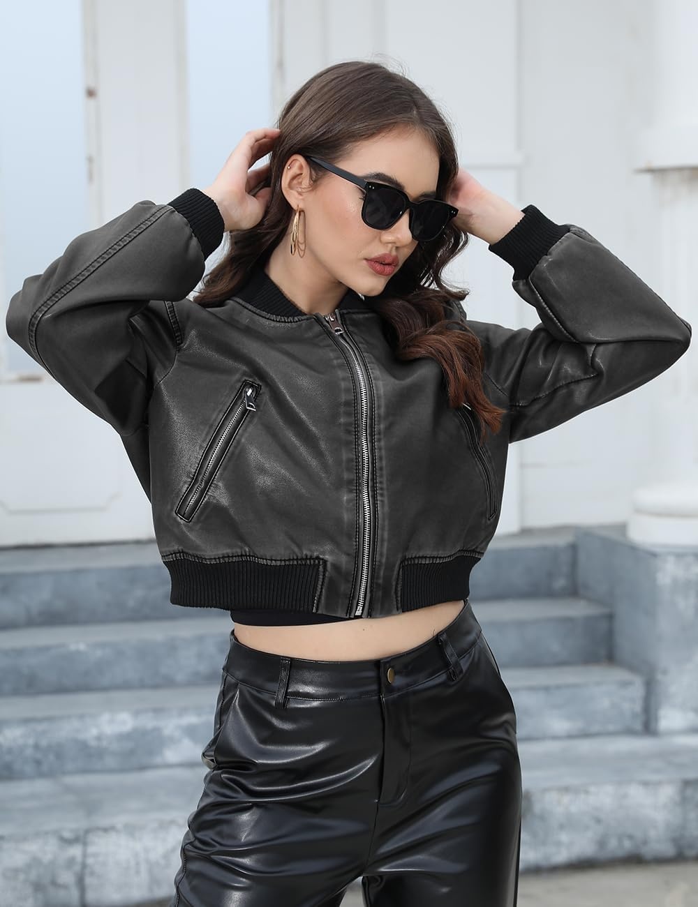 image:imageBellivera Womens Cropped Faux Leather Jacket Bomber PU Moto CoatCharcoal Gray
