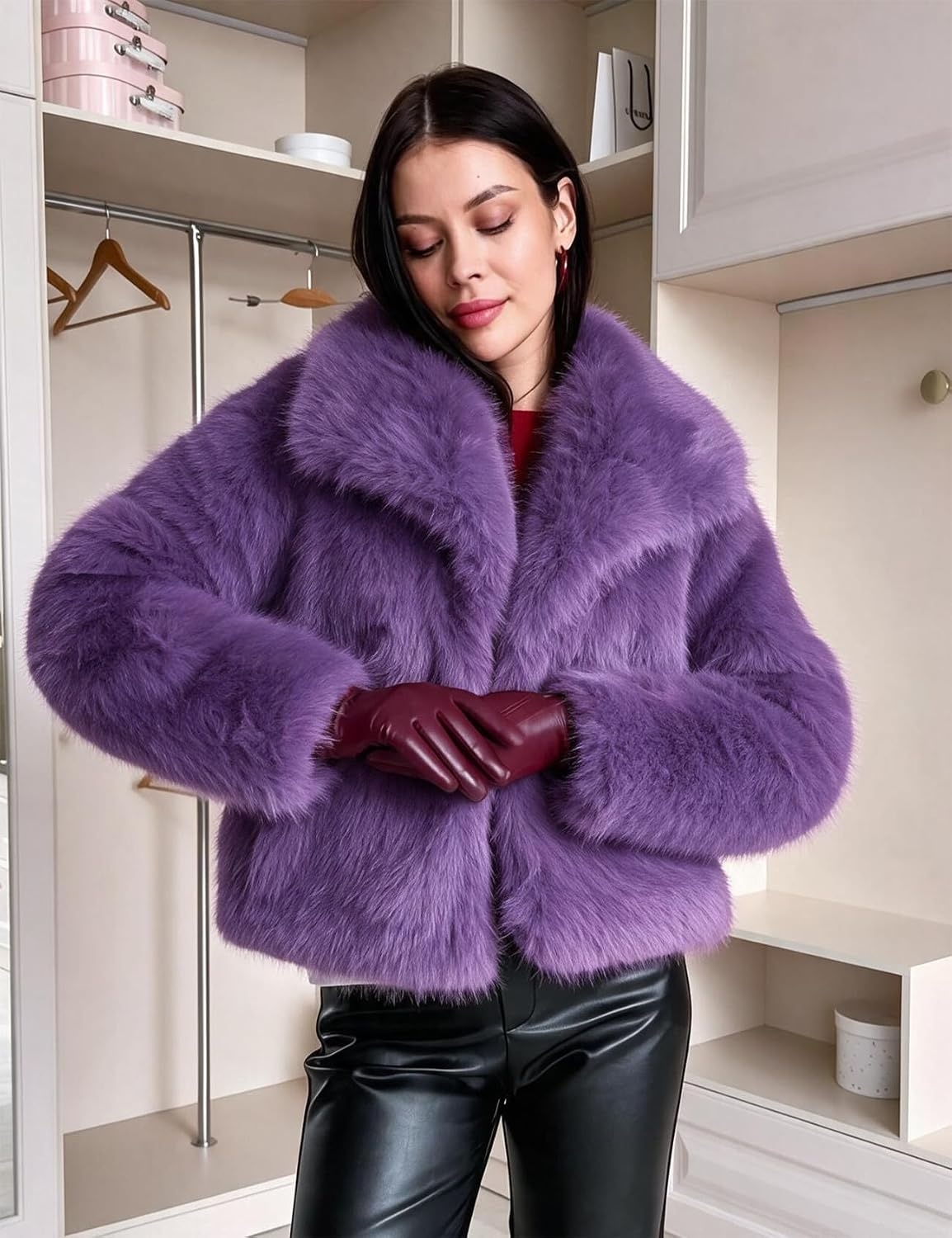 image:imageCOZYPOIN Womens Faux Fur Jacket Fluffy Fur Coat Cropped Long Sleeve Lapel Button Down Fuzzy Winter OuterwearDarkpurple