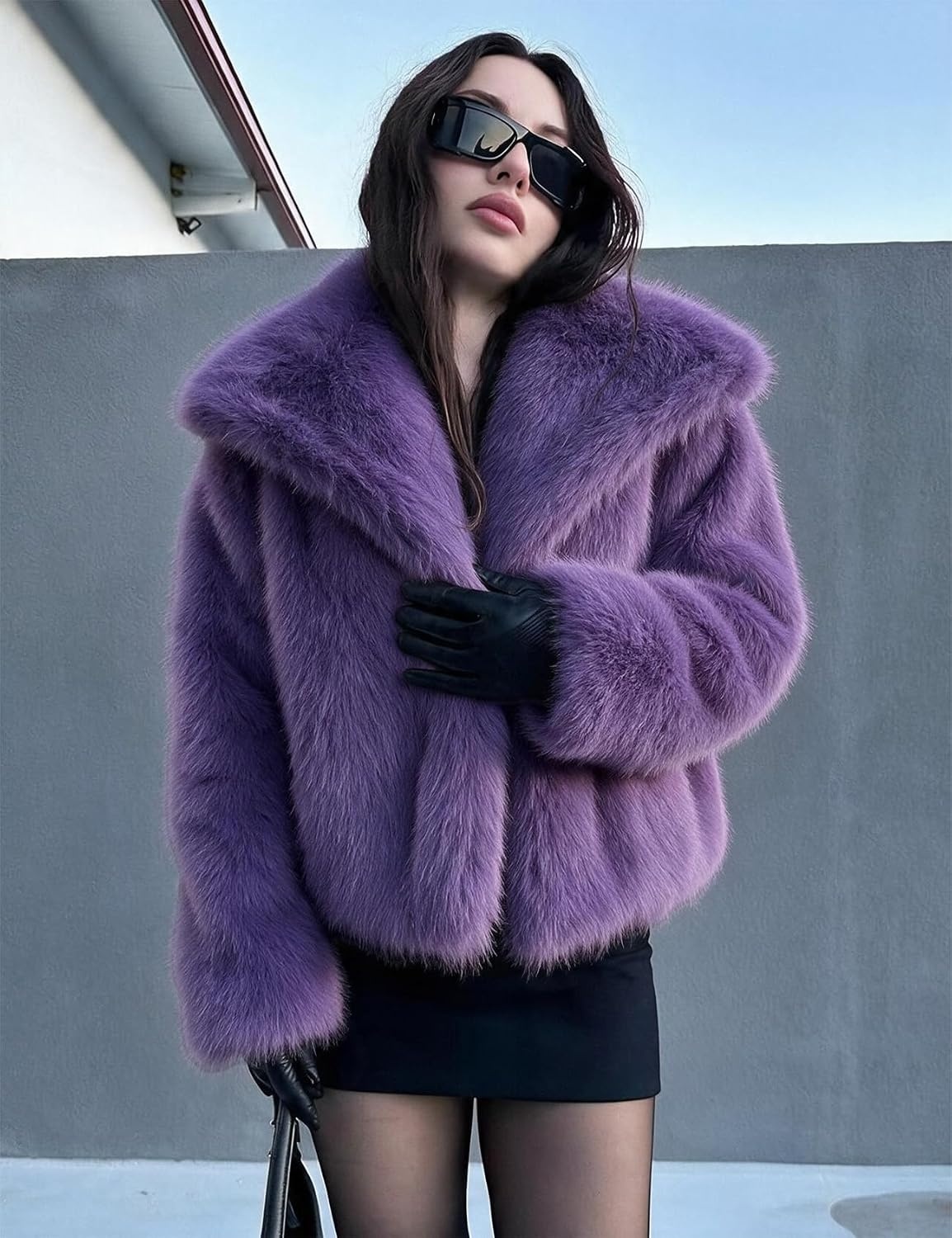 image:imageCOZYPOIN Womens Faux Fur Jacket Fluffy Fur Coat Cropped Long Sleeve Lapel Button Down Fuzzy Winter OuterwearDarkpurple