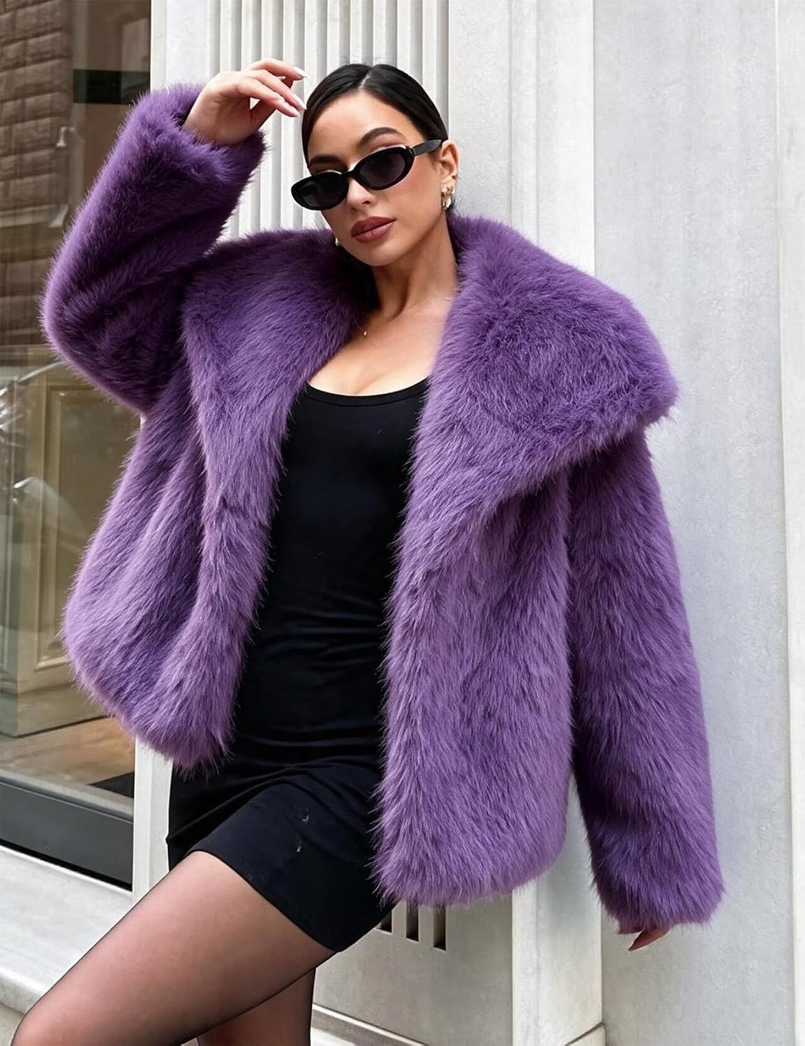 image:imageCOZYPOIN Womens Faux Fur Jacket Fluffy Fur Coat Cropped Long Sleeve Lapel Button Down Fuzzy Winter OuterwearDarkpurple