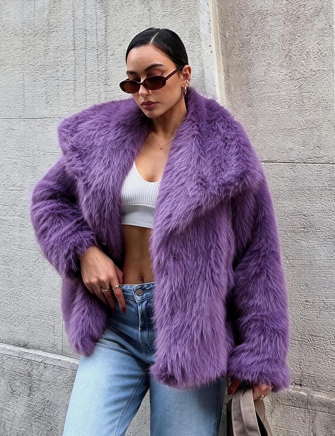 image:imageCOZYPOIN Womens Faux Fur Jacket Fluffy Fur Coat Cropped Long Sleeve Lapel Button Down Fuzzy Winter OuterwearDarkpurple