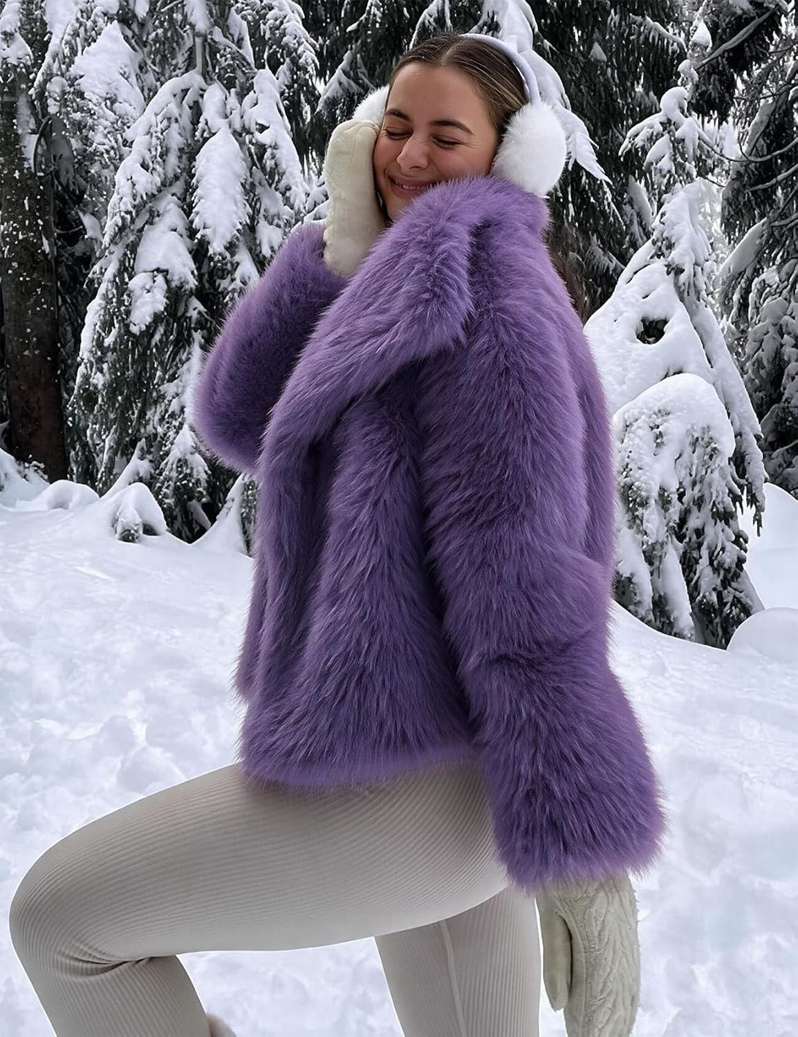 image:imageCOZYPOIN Womens Faux Fur Jacket Fluffy Fur Coat Cropped Long Sleeve Lapel Button Down Fuzzy Winter OuterwearDarkpurple