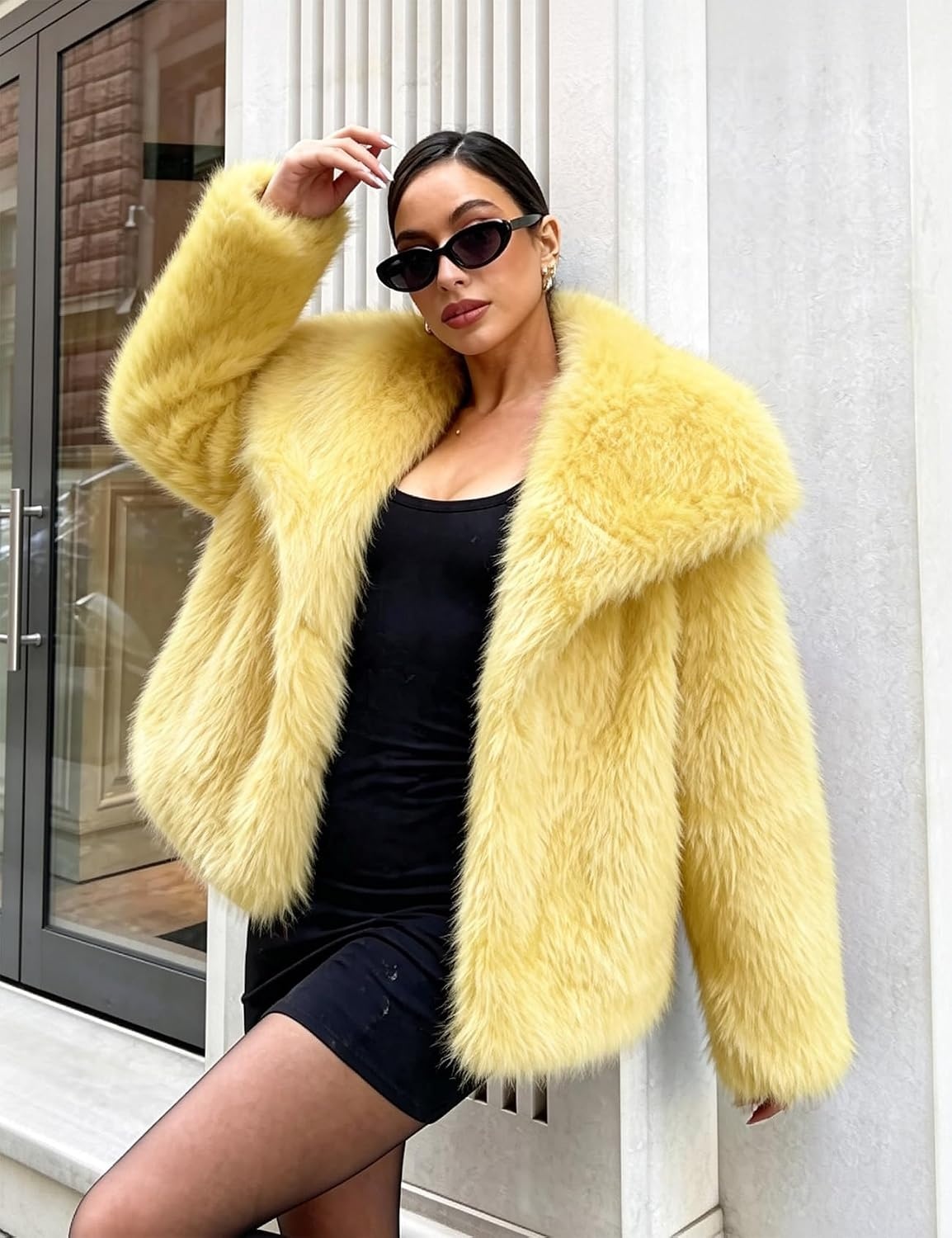 image:imageCOZYPOIN Womens Faux Fur Jacket Fluffy Fur Coat Cropped Long Sleeve Lapel Button Down Fuzzy Winter OuterwearYellow