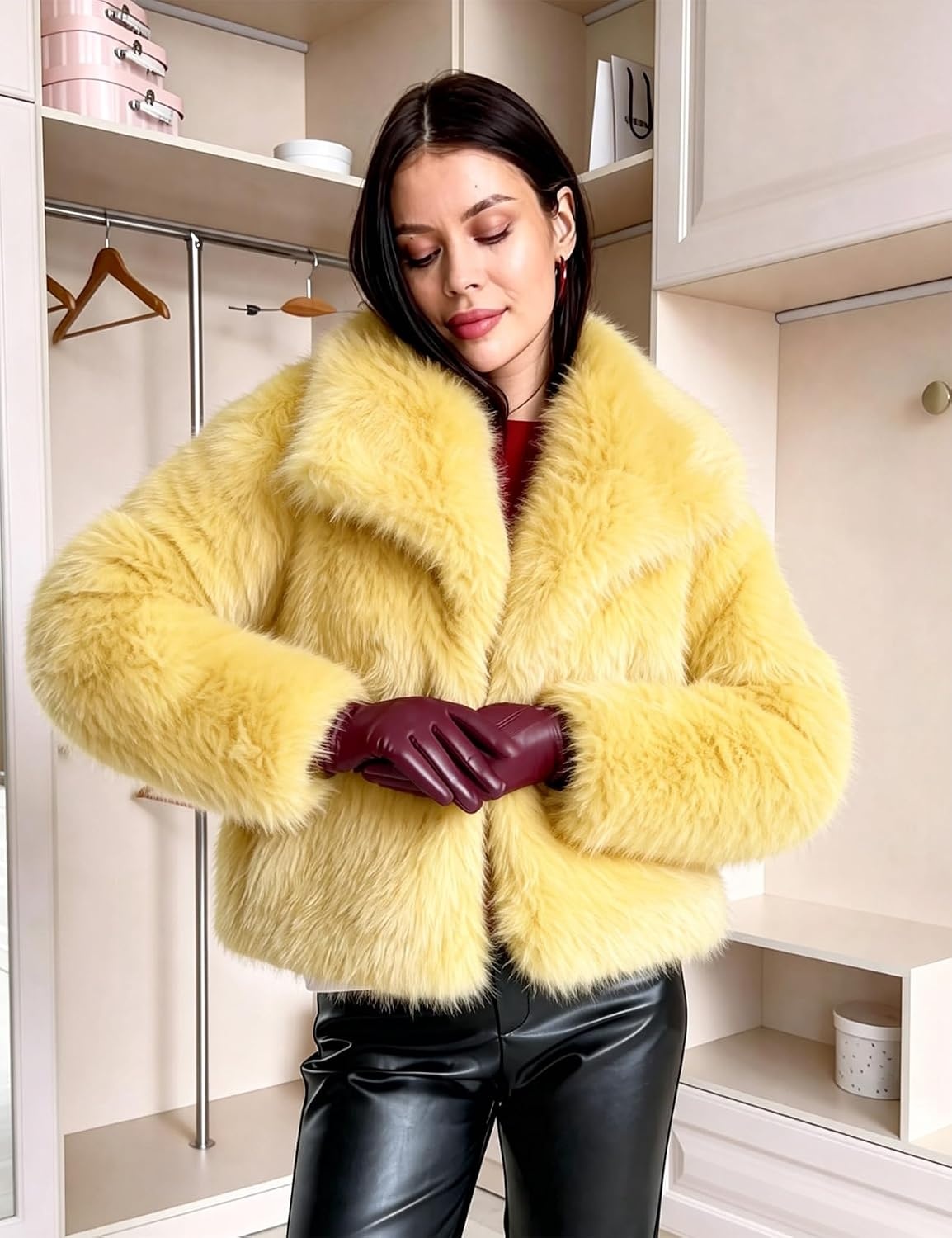 image:imageCOZYPOIN Womens Faux Fur Jacket Fluffy Fur Coat Cropped Long Sleeve Lapel Button Down Fuzzy Winter OuterwearYellow