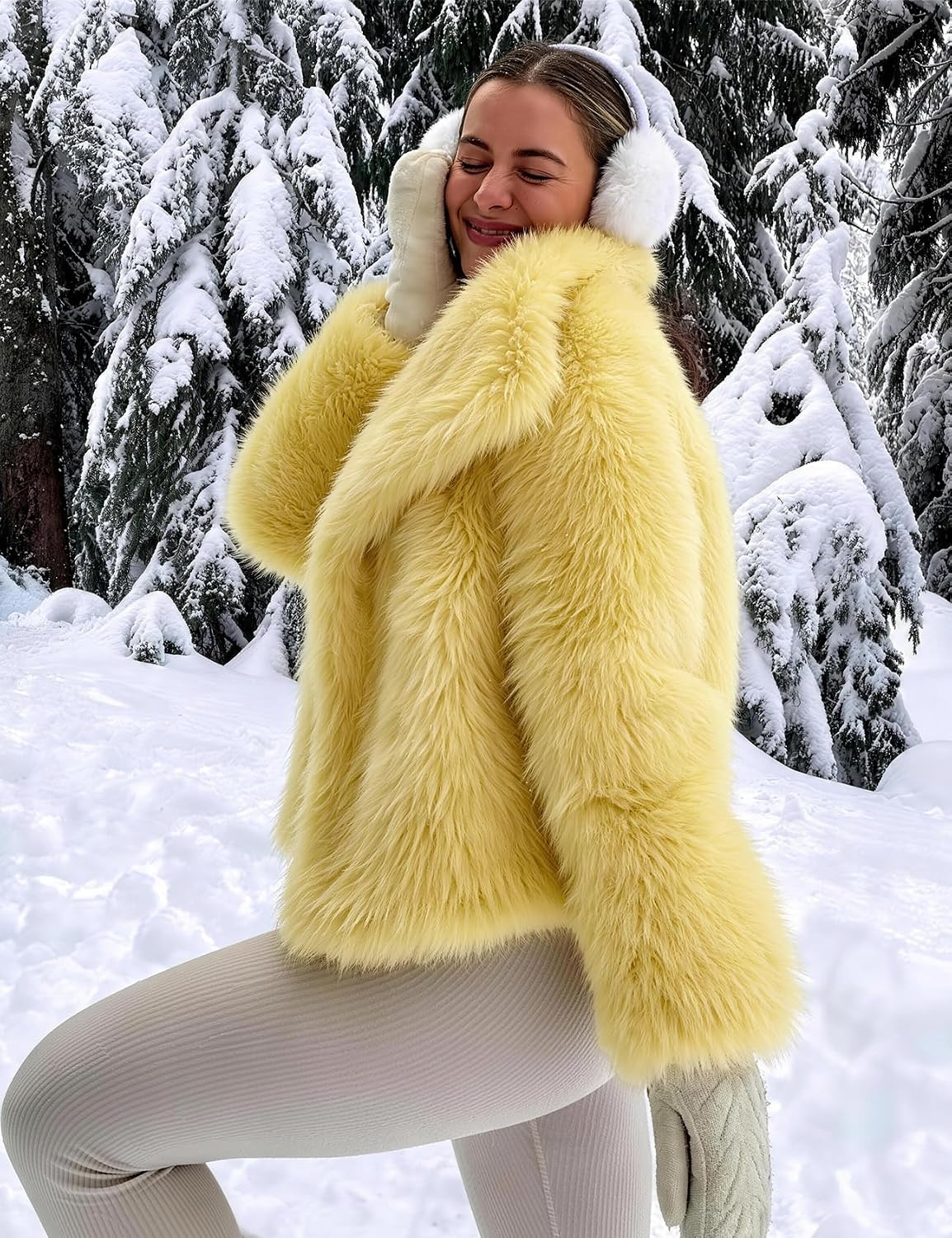 image:imageCOZYPOIN Womens Faux Fur Jacket Fluffy Fur Coat Cropped Long Sleeve Lapel Button Down Fuzzy Winter OuterwearYellow