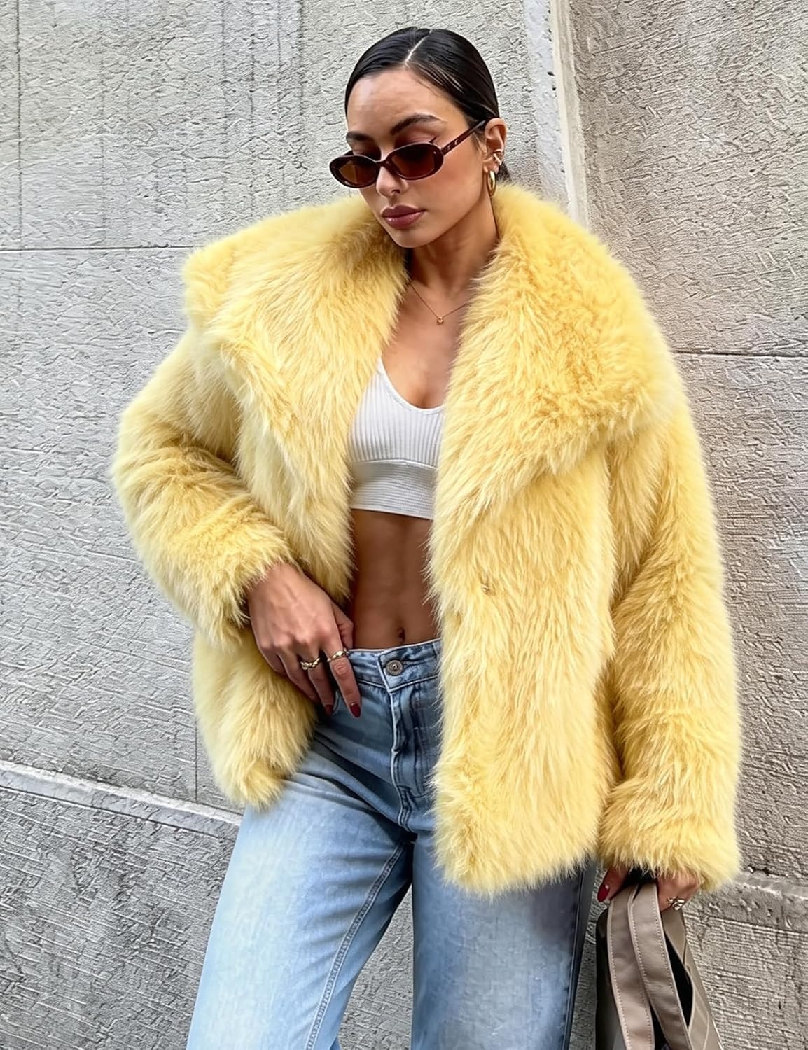 image:imageCOZYPOIN Womens Faux Fur Jacket Fluffy Fur Coat Cropped Long Sleeve Lapel Button Down Fuzzy Winter OuterwearYellow