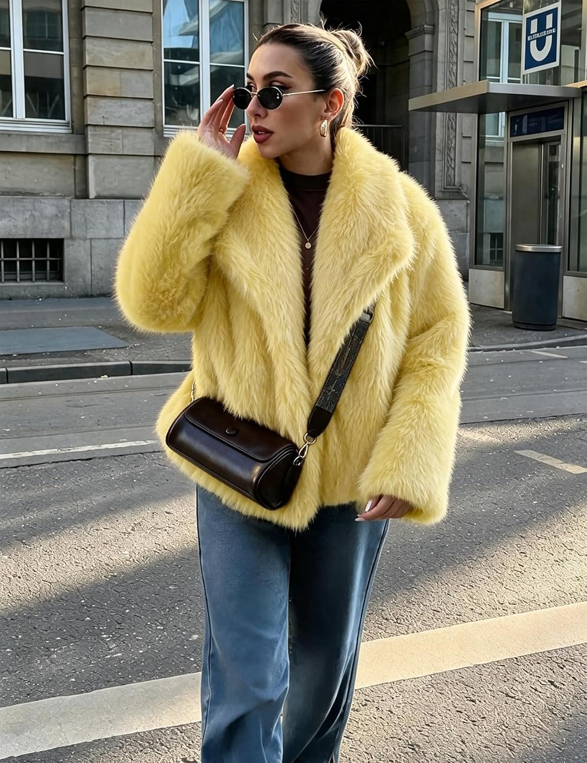 image:imageCOZYPOIN Womens Faux Fur Jacket Fluffy Fur Coat Cropped Long Sleeve Lapel Button Down Fuzzy Winter OuterwearYellow