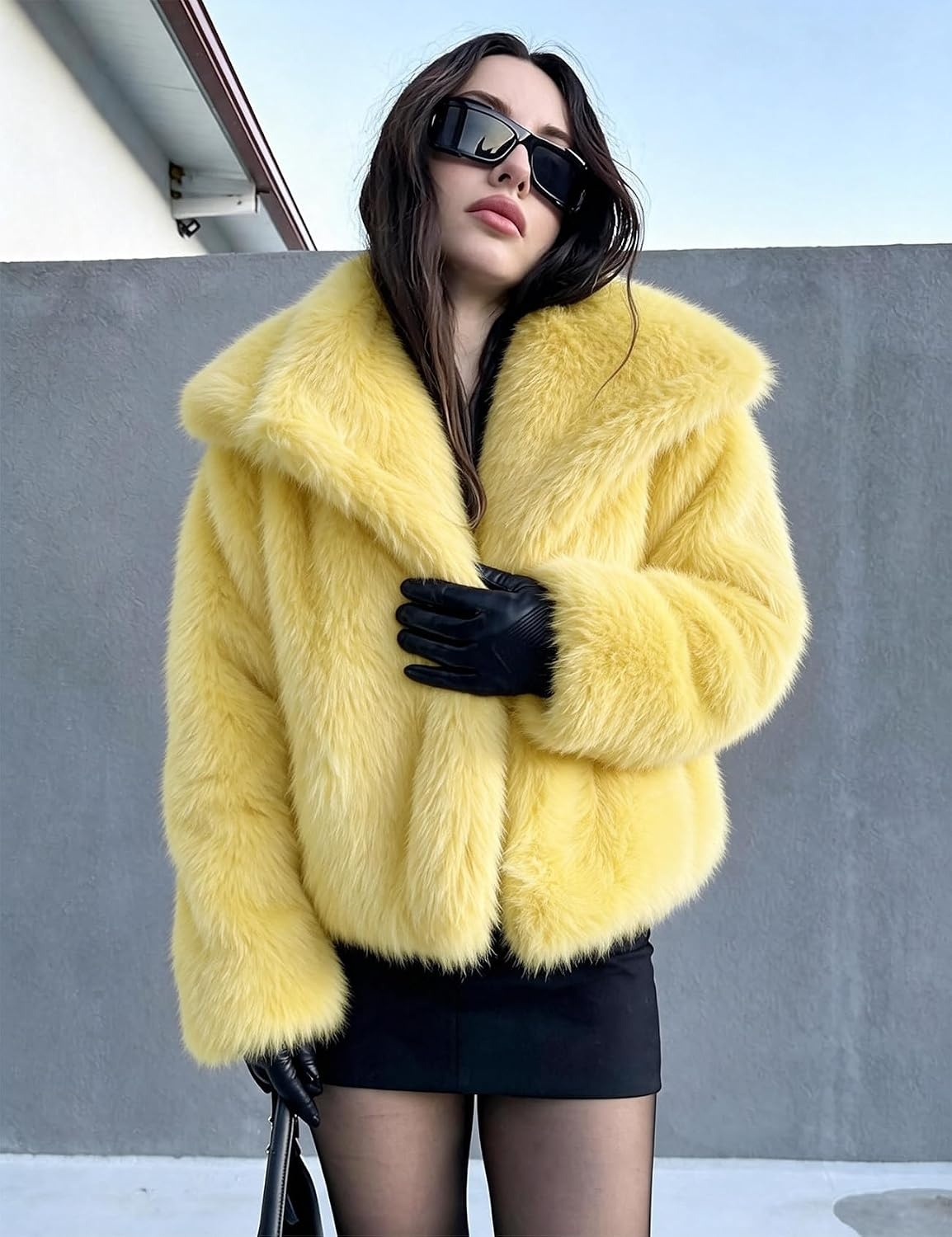 image:imageCOZYPOIN Womens Faux Fur Jacket Fluffy Fur Coat Cropped Long Sleeve Lapel Button Down Fuzzy Winter OuterwearYellow