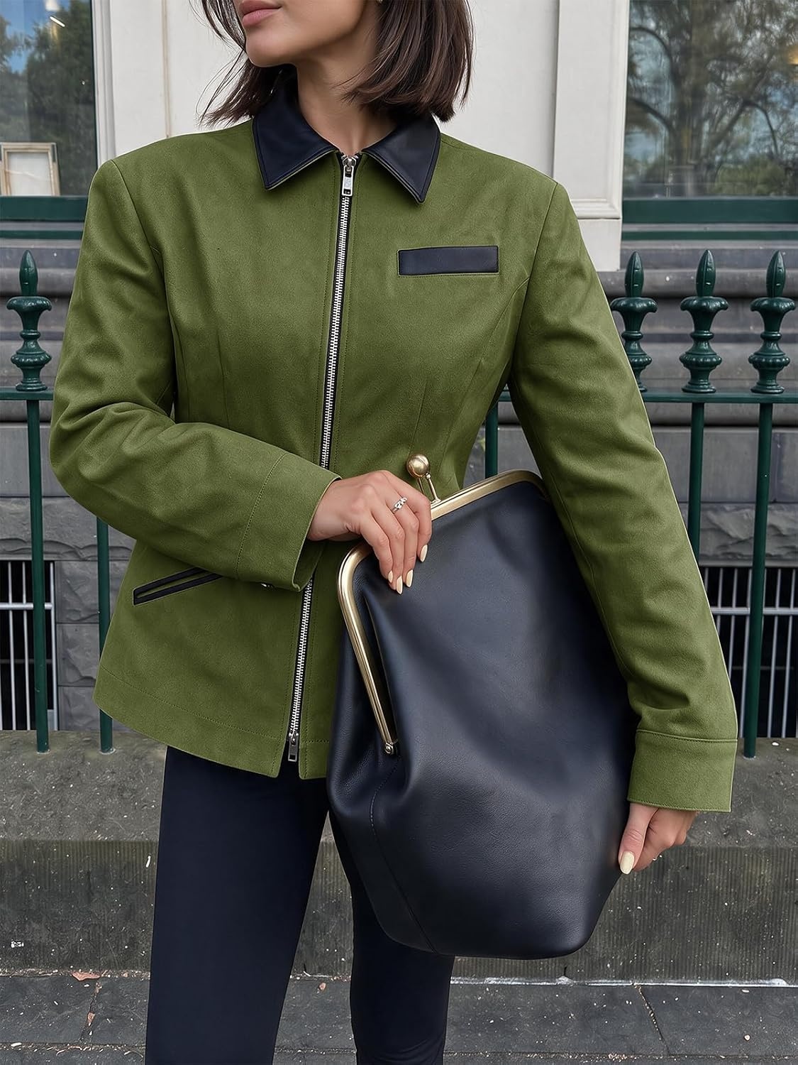image:imageCicy Bell Womens Cropped Barn Jackets Long Sleeve Zip Up Collared CoatArmy Green