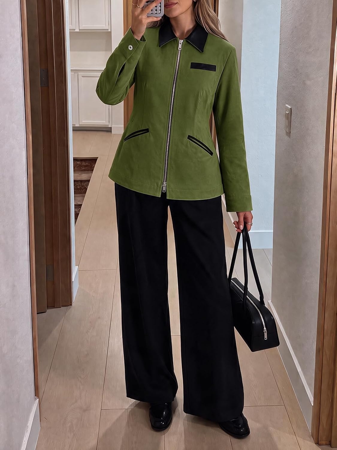 image:imageCicy Bell Womens Cropped Barn Jackets Long Sleeve Zip Up Collared CoatArmy Green