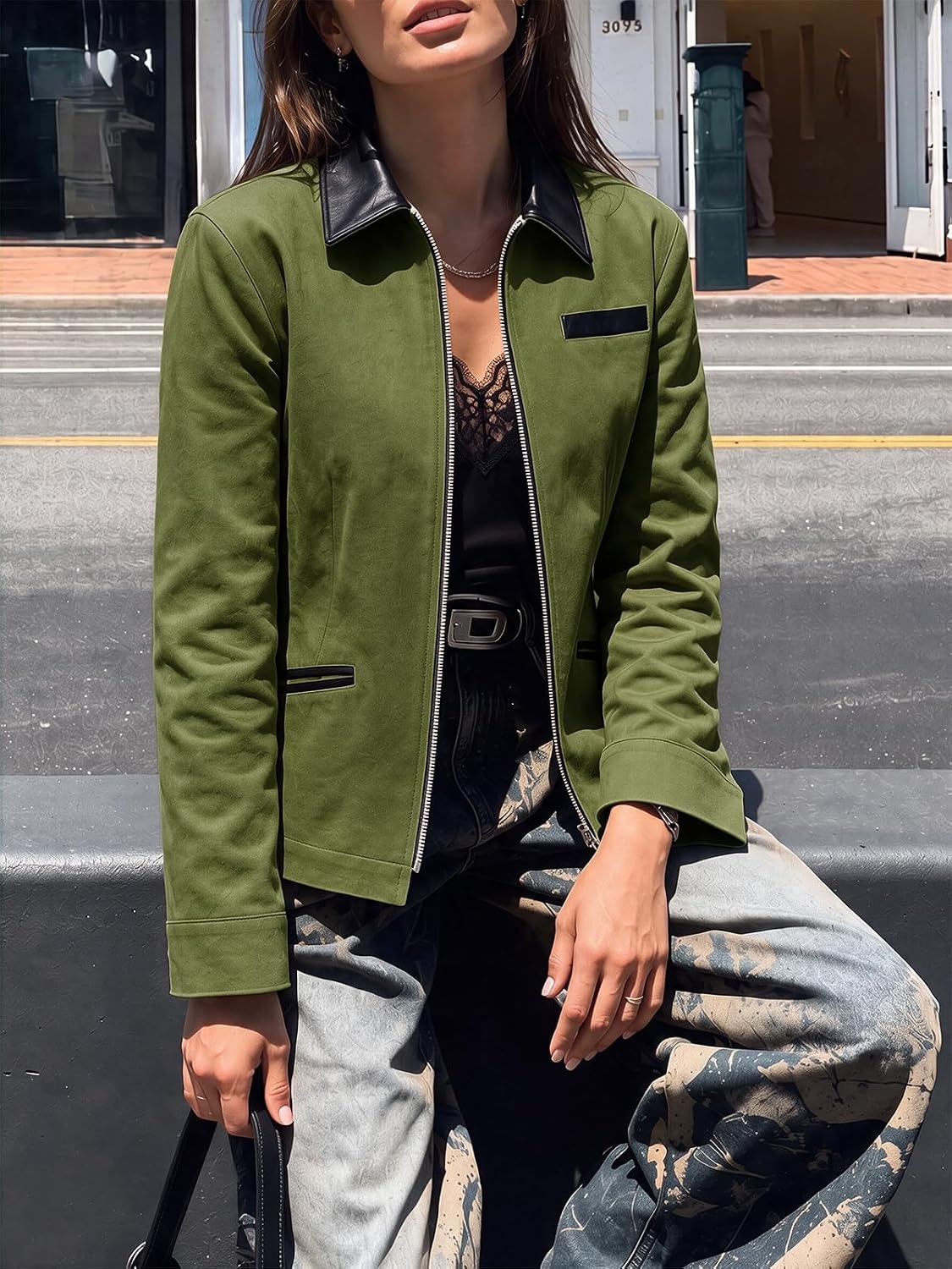 image:imageCicy Bell Womens Cropped Barn Jackets Long Sleeve Zip Up Collared CoatArmy Green