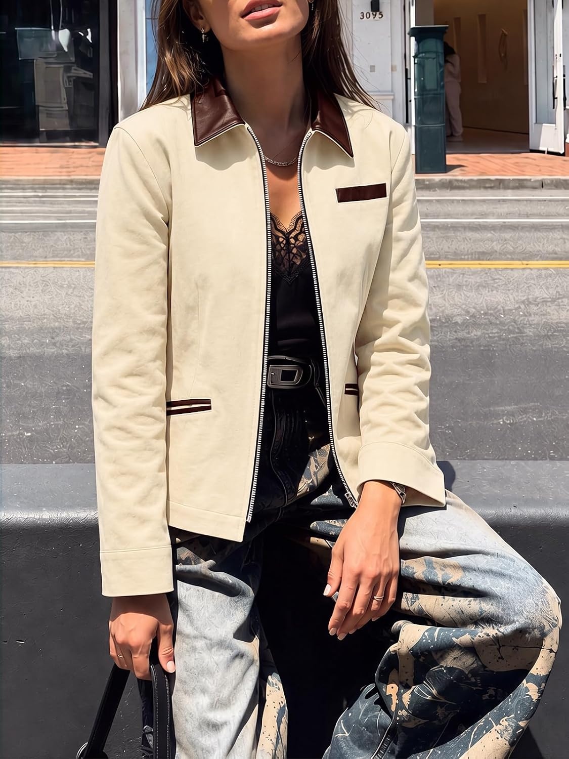 image:imageCicy Bell Womens Cropped Barn Jackets Long Sleeve Zip Up Collared CoatBeige