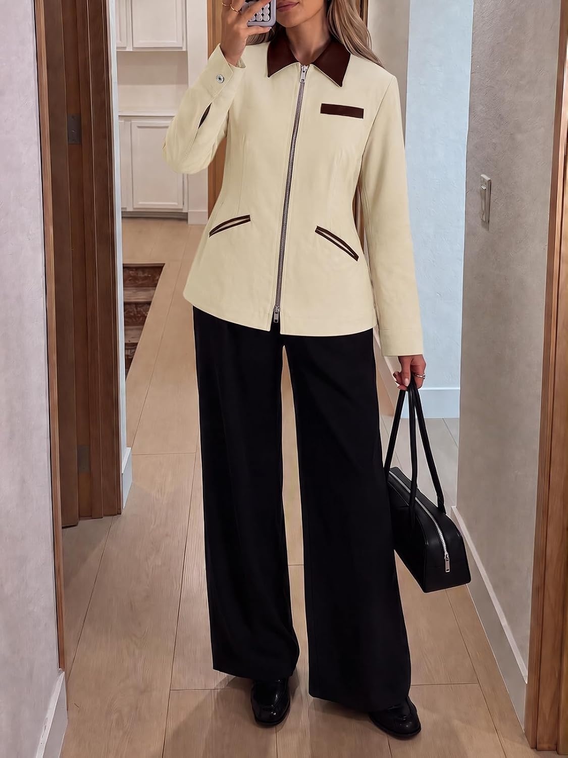 image:imageCicy Bell Womens Cropped Barn Jackets Long Sleeve Zip Up Collared CoatBeige