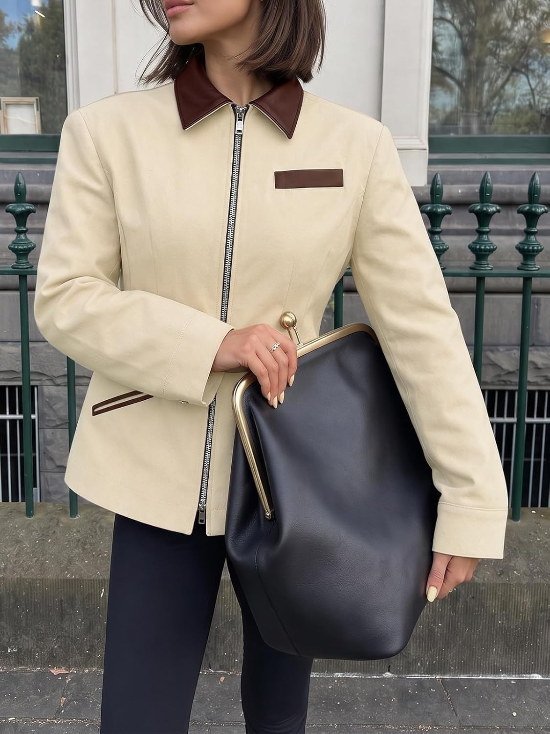 image:imageCicy Bell Womens Cropped Barn Jackets Long Sleeve Zip Up Collared CoatBeige