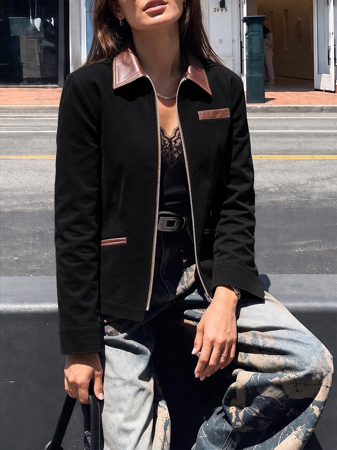 image:imageCicy Bell Womens Cropped Barn Jackets Long Sleeve Zip Up Collared CoatBlack