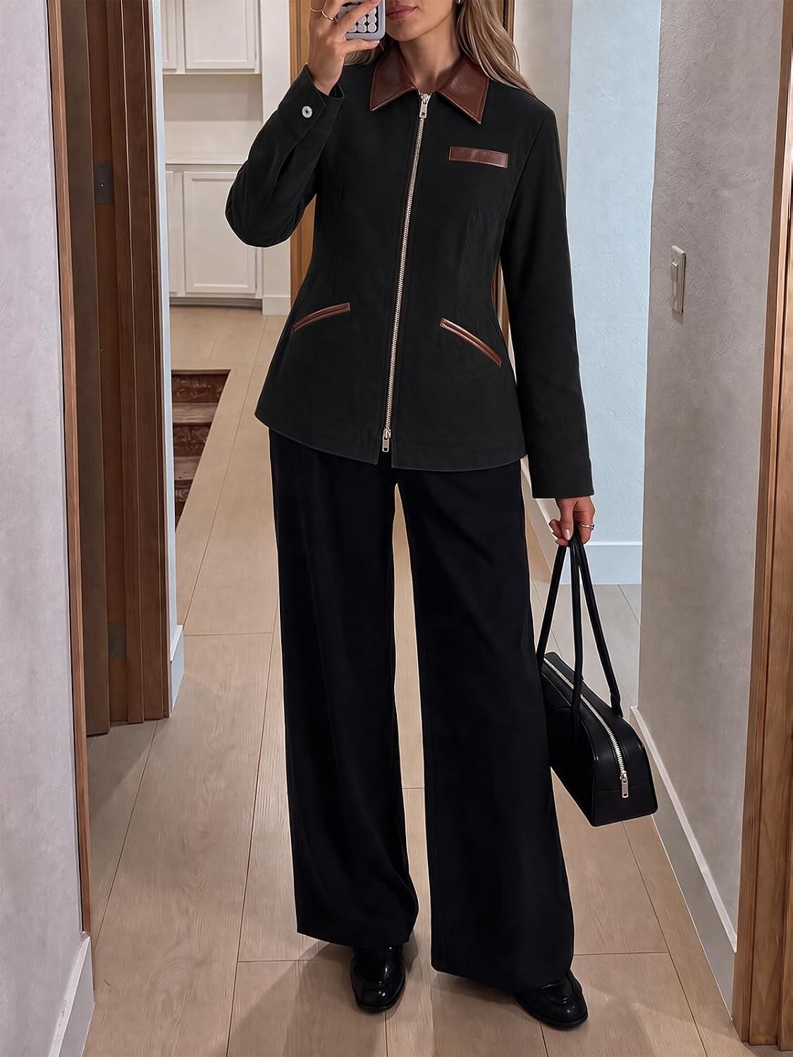 image:imageCicy Bell Womens Cropped Barn Jackets Long Sleeve Zip Up Collared CoatBlack