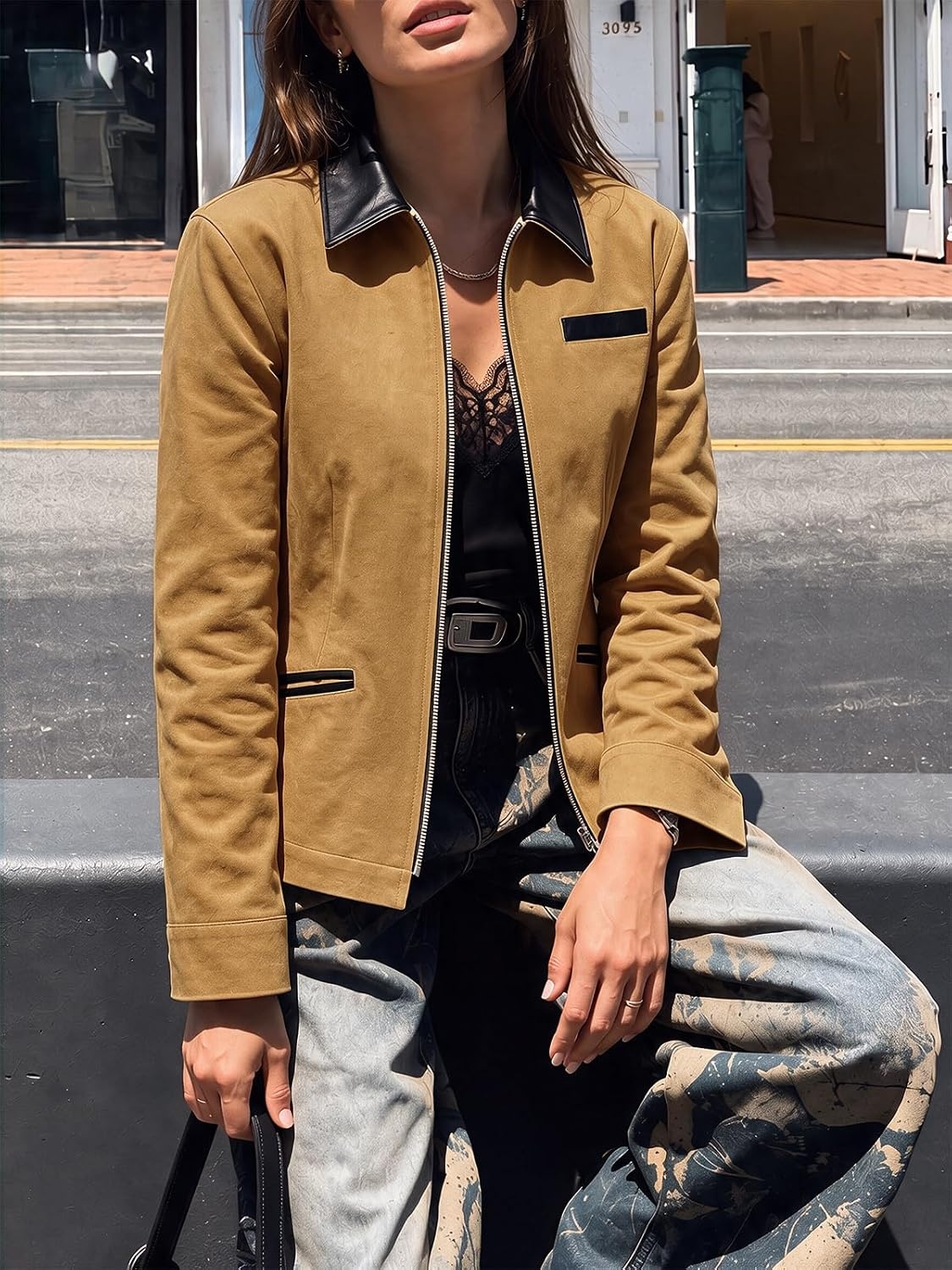 image:imageCicy Bell Womens Cropped Barn Jackets Long Sleeve Zip Up Collared CoatBrown