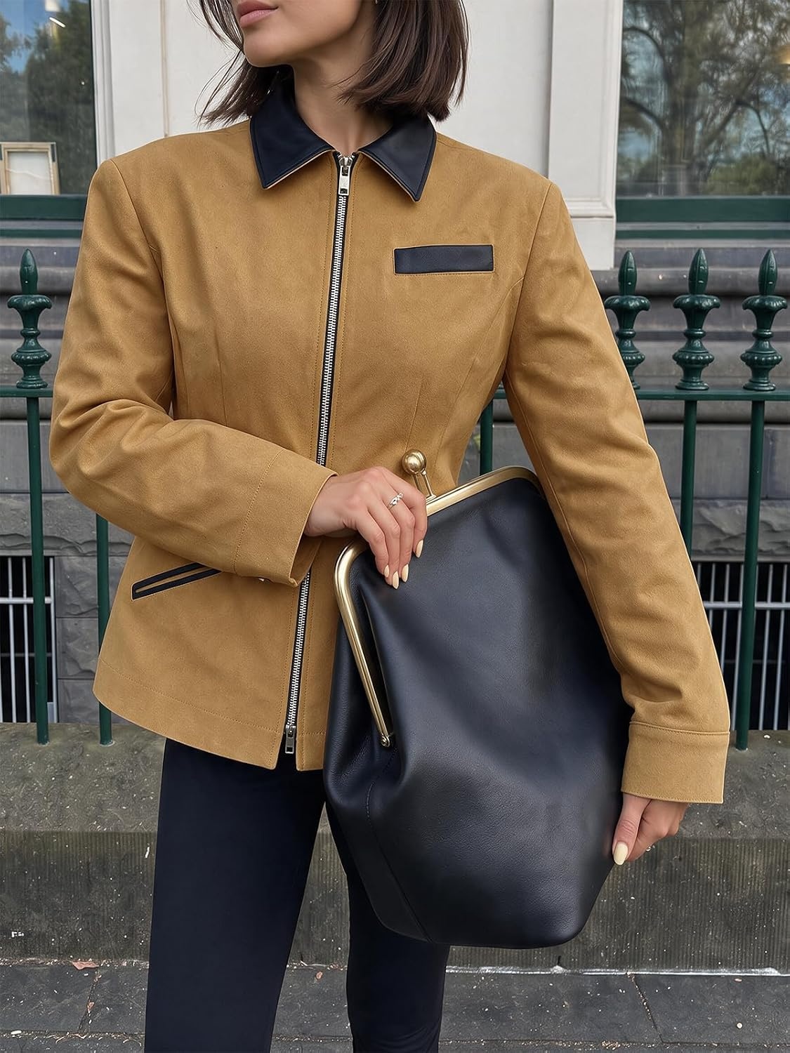 image:imageCicy Bell Womens Cropped Barn Jackets Long Sleeve Zip Up Collared CoatBrown