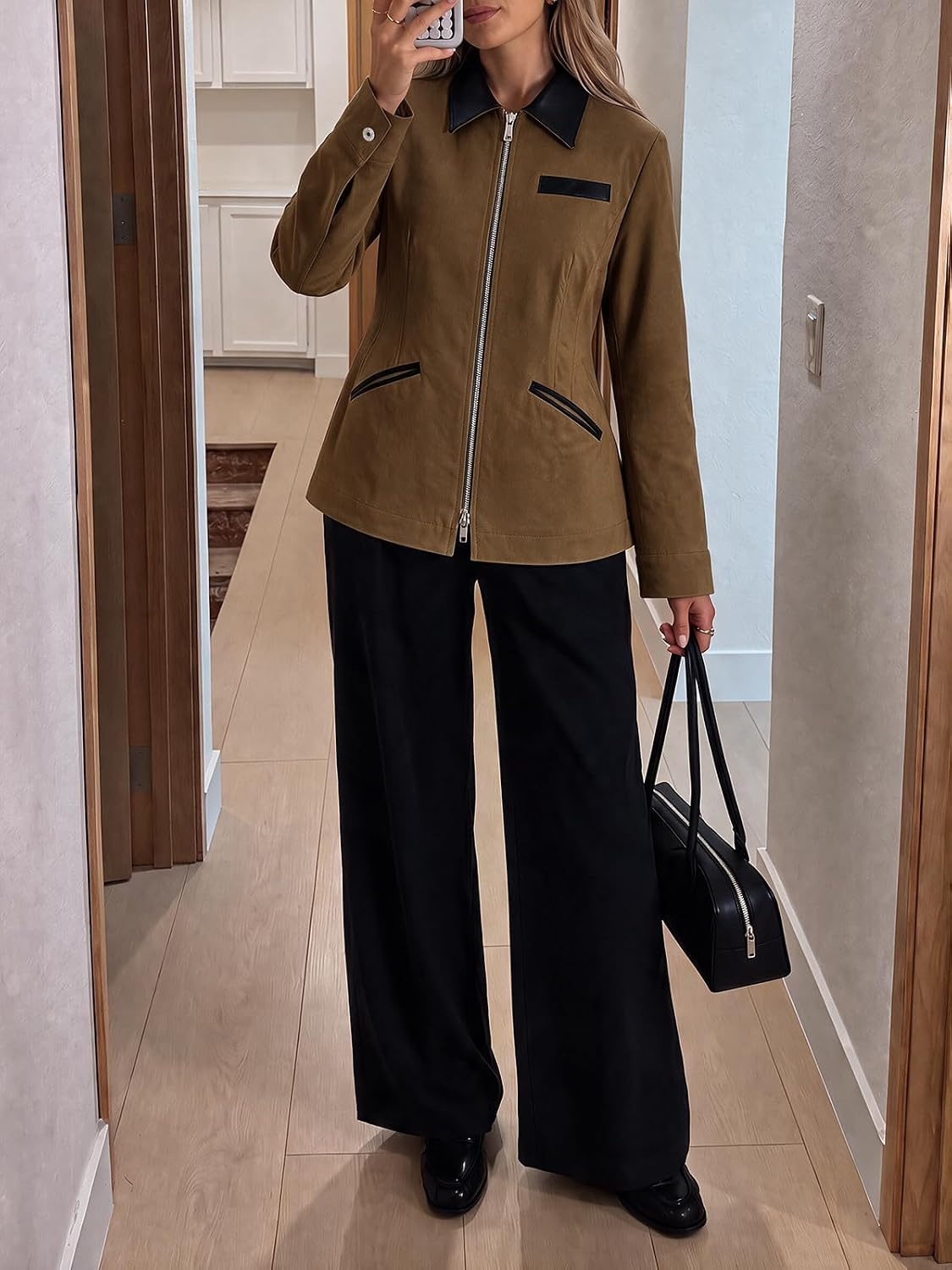 image:imageCicy Bell Womens Cropped Barn Jackets Long Sleeve Zip Up Collared CoatCoffee