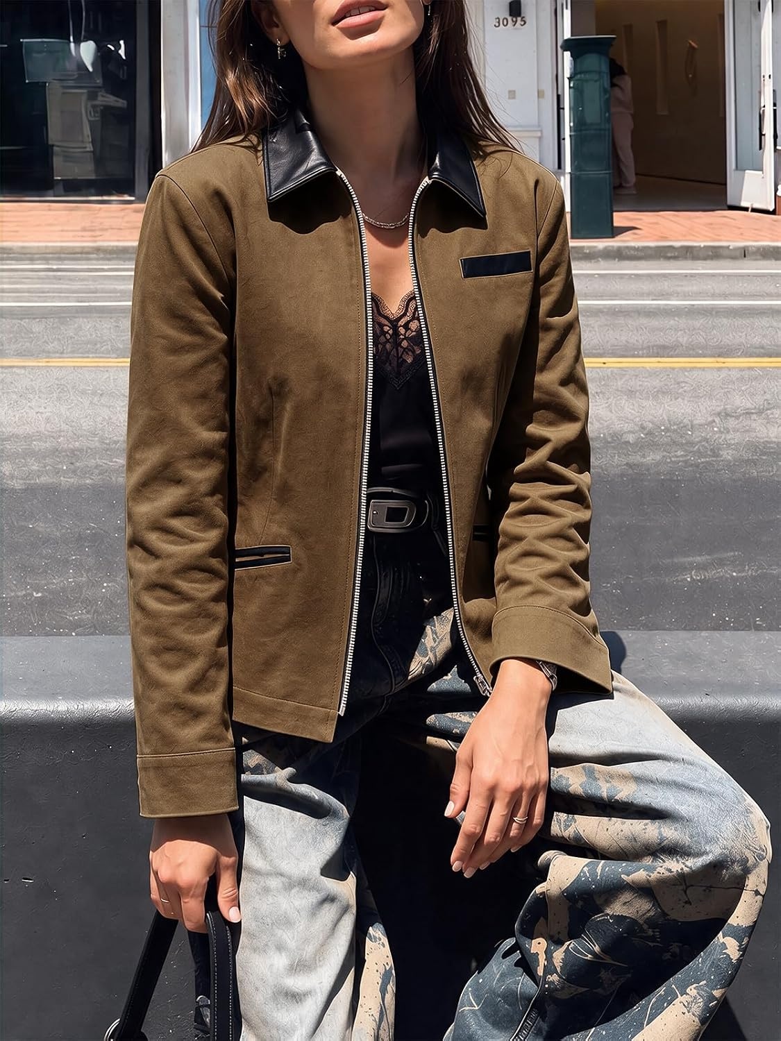 image:imageCicy Bell Womens Cropped Barn Jackets Long Sleeve Zip Up Collared CoatCoffee