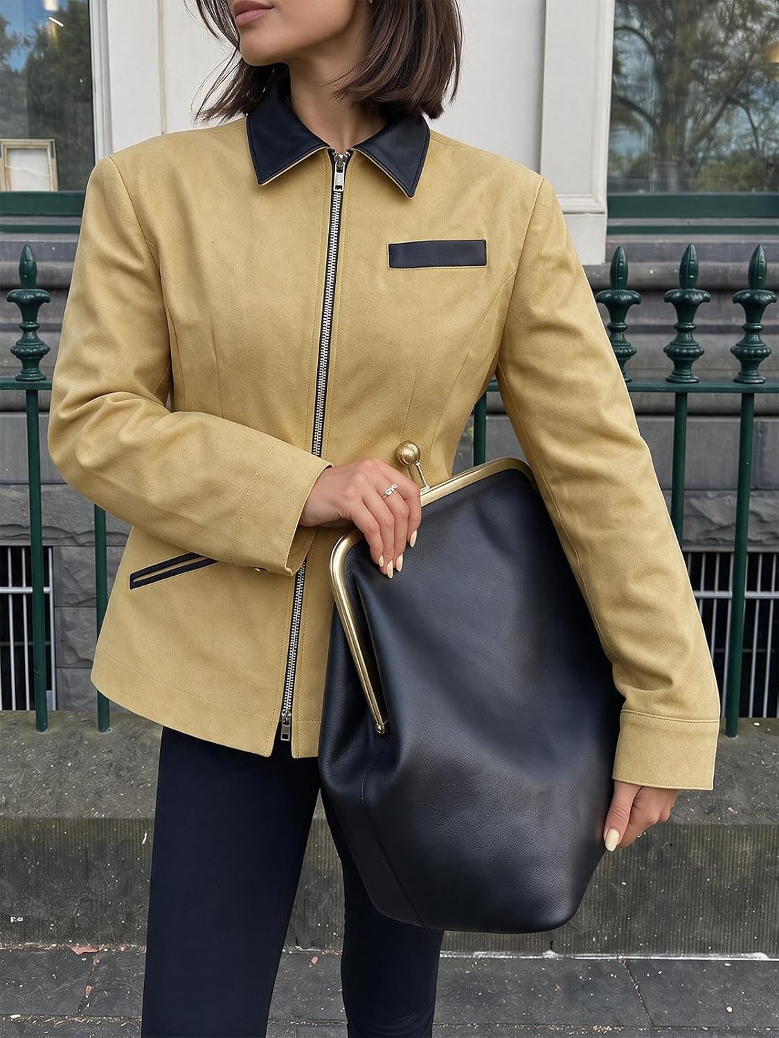 image:imageCicy Bell Womens Cropped Barn Jackets Long Sleeve Zip Up Collared CoatKhaki