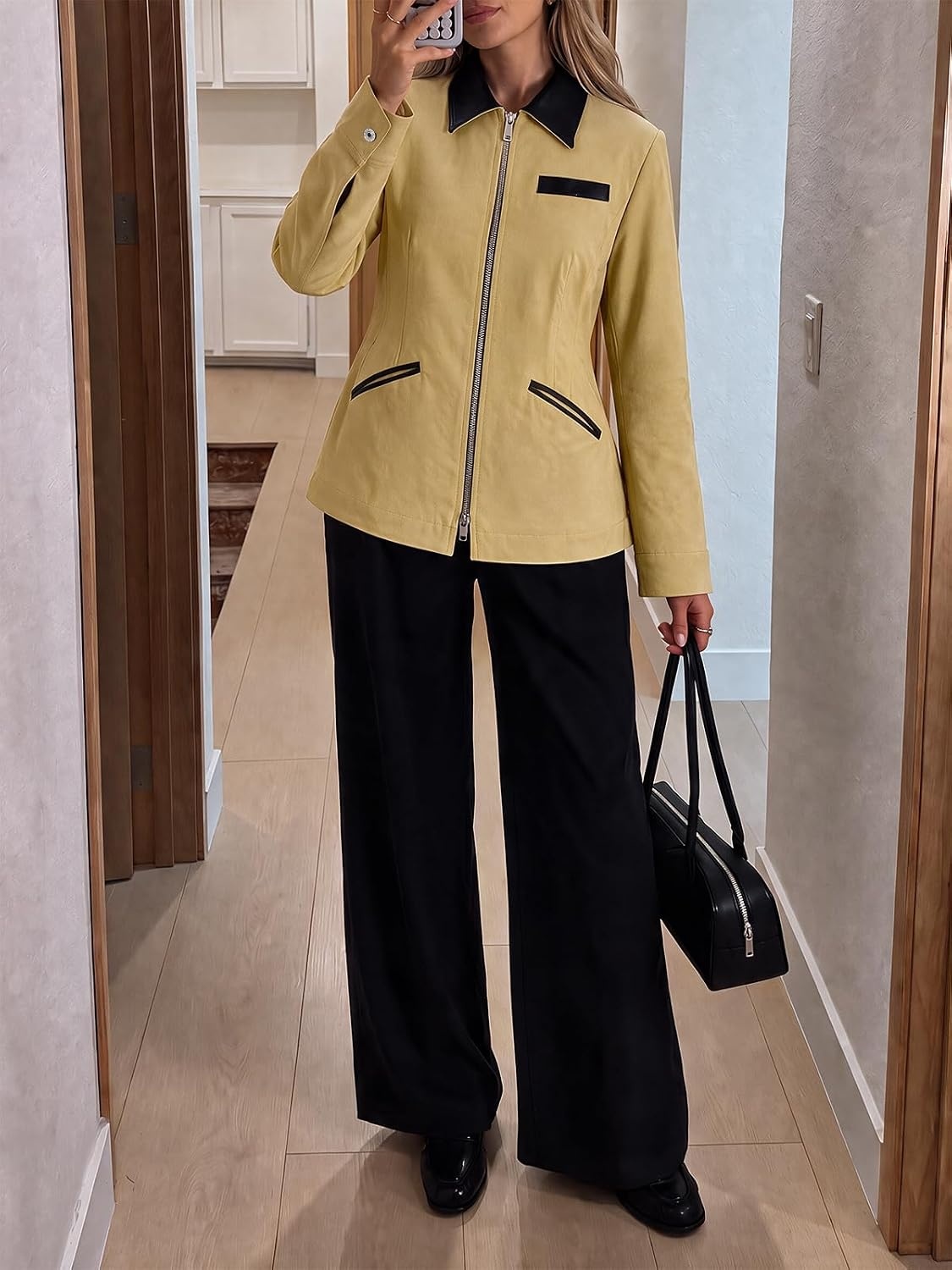 image:imageCicy Bell Womens Cropped Barn Jackets Long Sleeve Zip Up Collared CoatKhaki